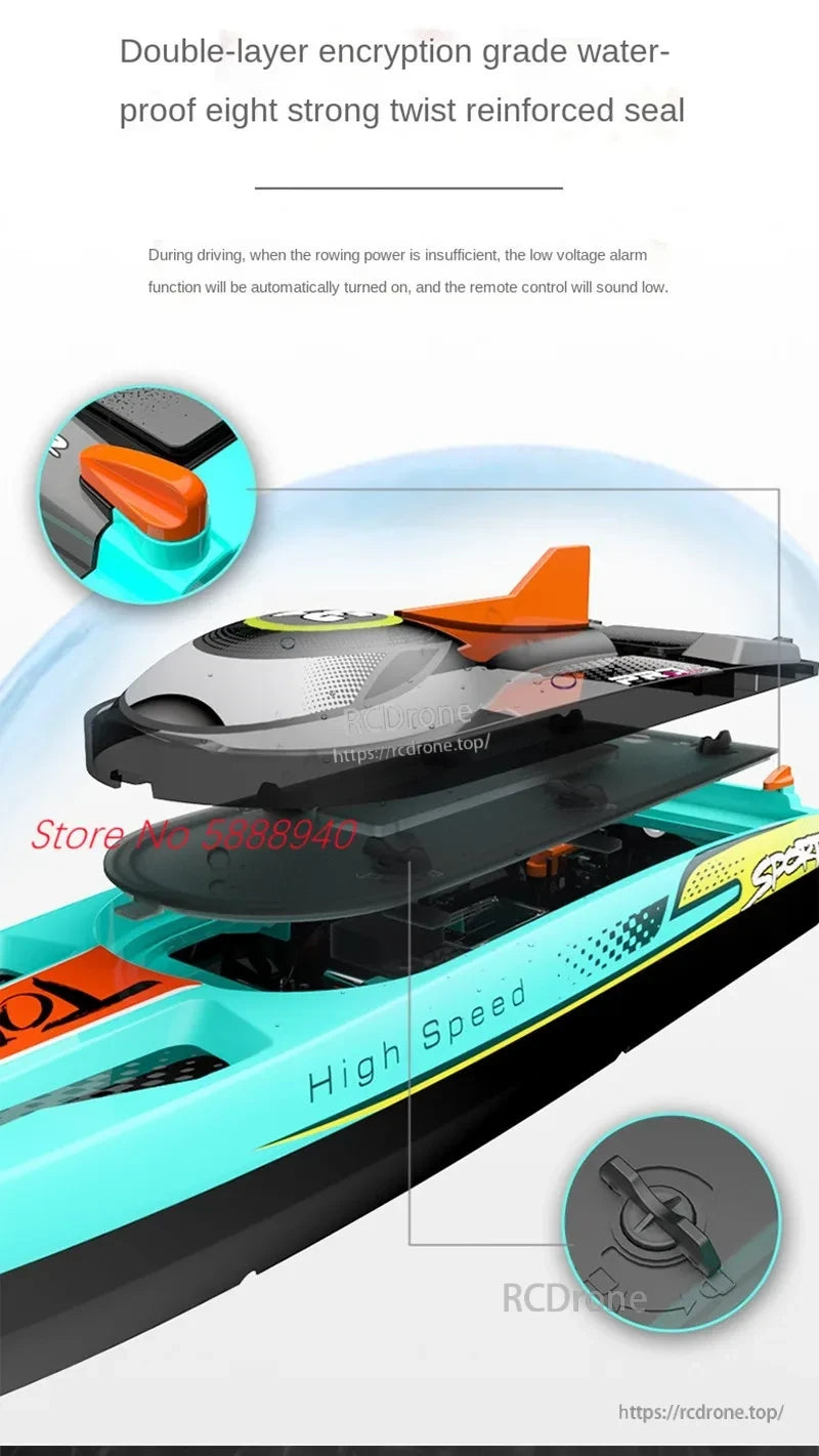 Tccicadas S002 Brushless Waterproof RC Boat, Double-layer encryption waterproof seal, low voltage alarm, high speed RC boat with reinforced design.