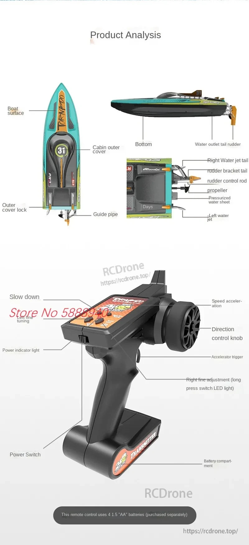 The Tccicadas S002 Brushless Waterproof RC Boat features a surface design, waterproofing, and includes various components for stability and control.