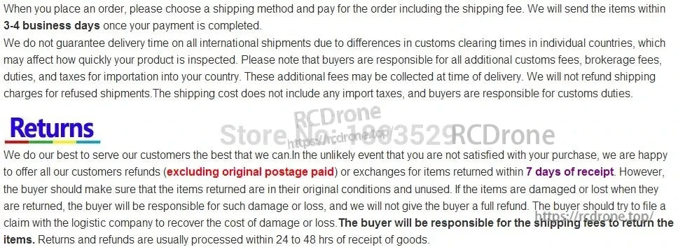 Tccicadas S002 Brushless Waterproof RC Boat, Orders ship in 3-4 days; international delivery varies. Returns within 7 days, buyer pays return shipping and fees. Refunds issued within 24-48 hours.