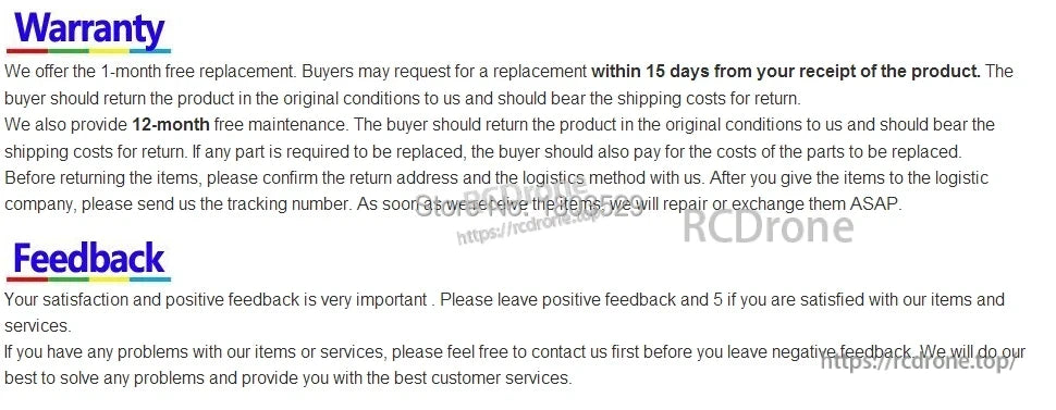 Tccicadas S002 Brushless Waterproof RC Boat, 15-day free replacement, 12-month maintenance. Buyer covers return shipping and parts. Contact us for returns and issues. Feedback welcome.