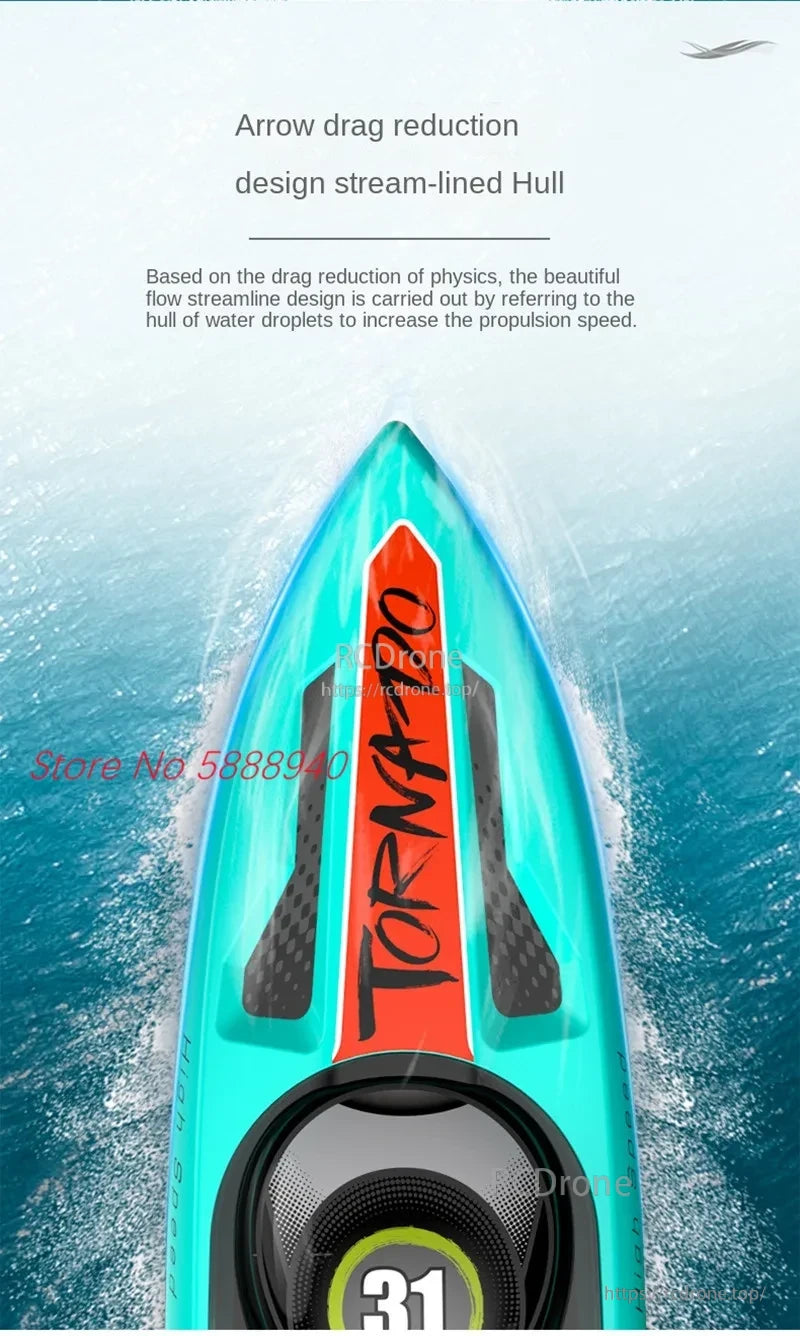 Tccicadas S002 Brushless Waterproof RC Boat, Arrow drag reduction, stream-lined hull design inspired by water droplets for enhanced speed.