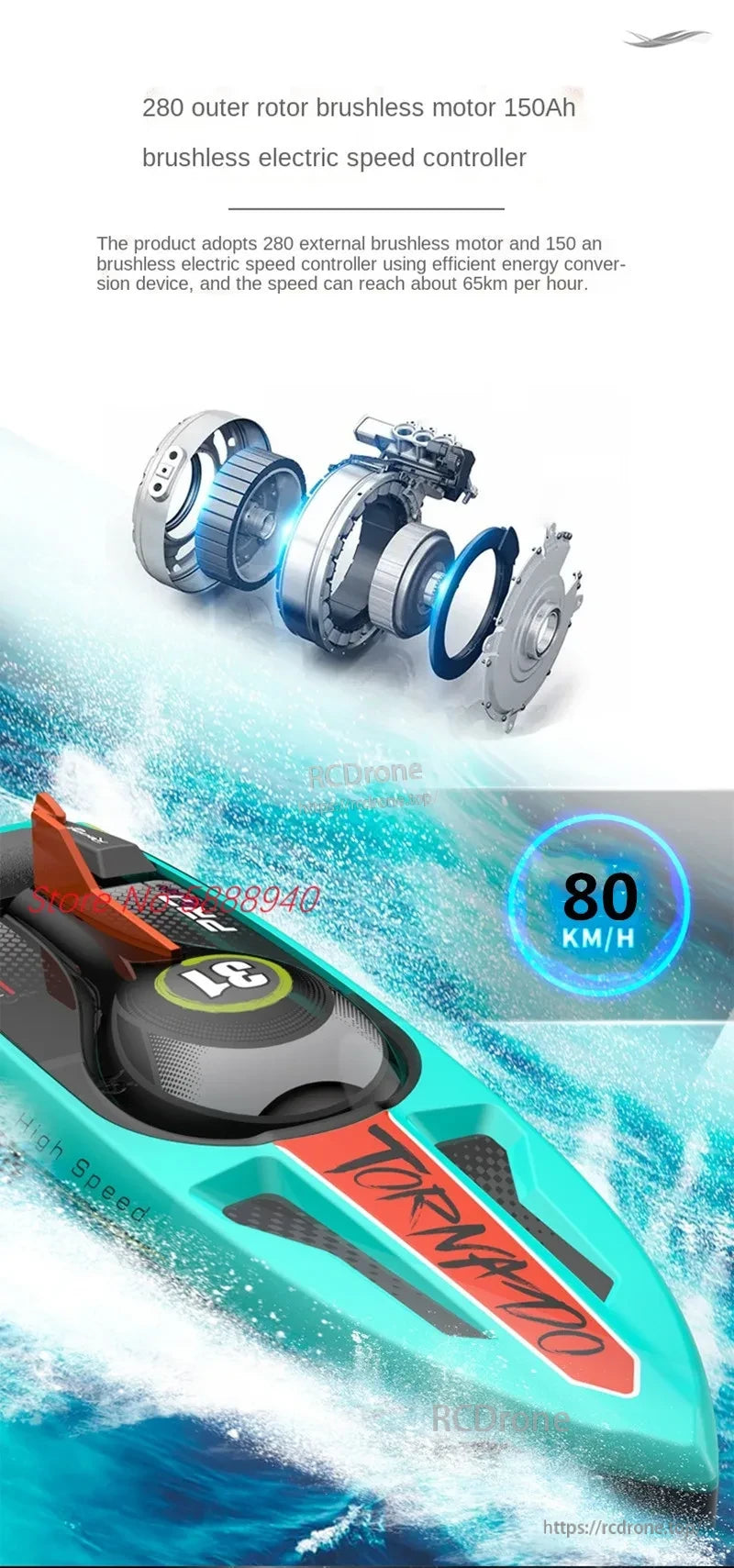 Tccicadas S002 Brushless Waterproof RC Boat, Tccicadas S002 RC boat features a 280 brushless motor, 150A speed controller, hits 65km/h, with waterproofing and aerodynamic design for high-speed performance. (24 words)