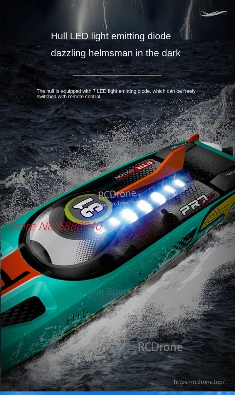 Tccicadas S002 Brushless Waterproof RC Boat, Hull LED lights illuminate the dark with 7 remote-controlled LEDs. This high-speed, waterproof RC boat features a vibrant design and powerful brushless motor.