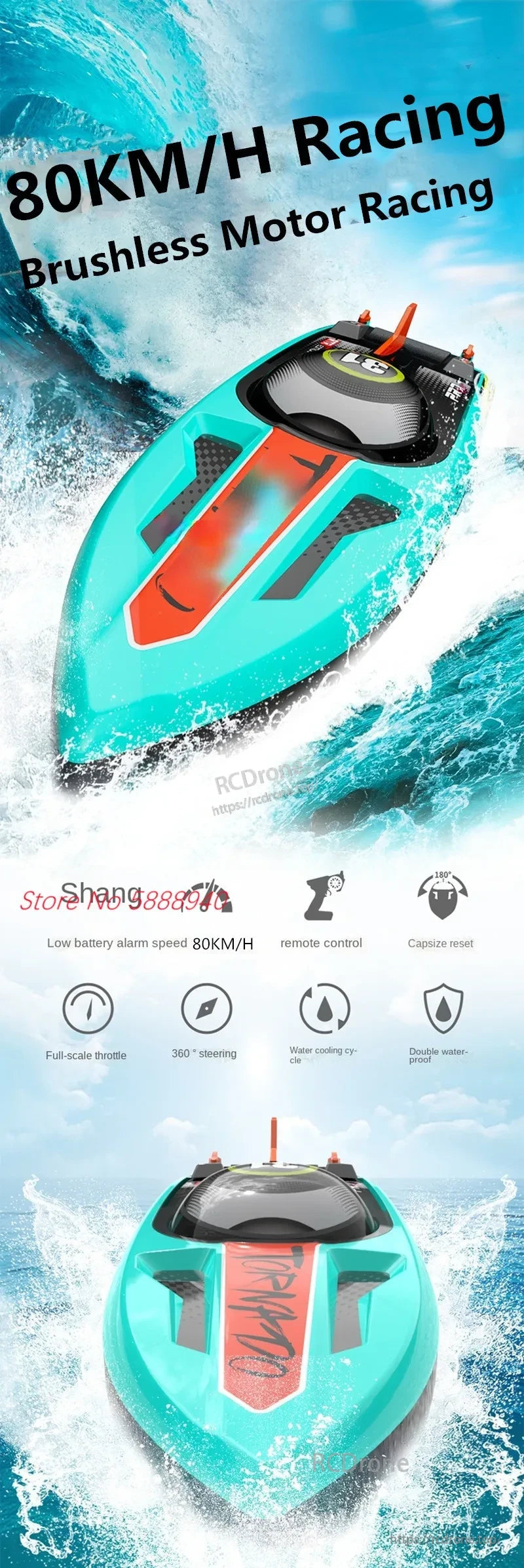 Tccicadas S002 Brushless Waterproof RC Boat, High-speed 80km/h RC boat with brushless motor, waterproof design, 360° steering, remote control, and dual water cooling for durability and performance.
