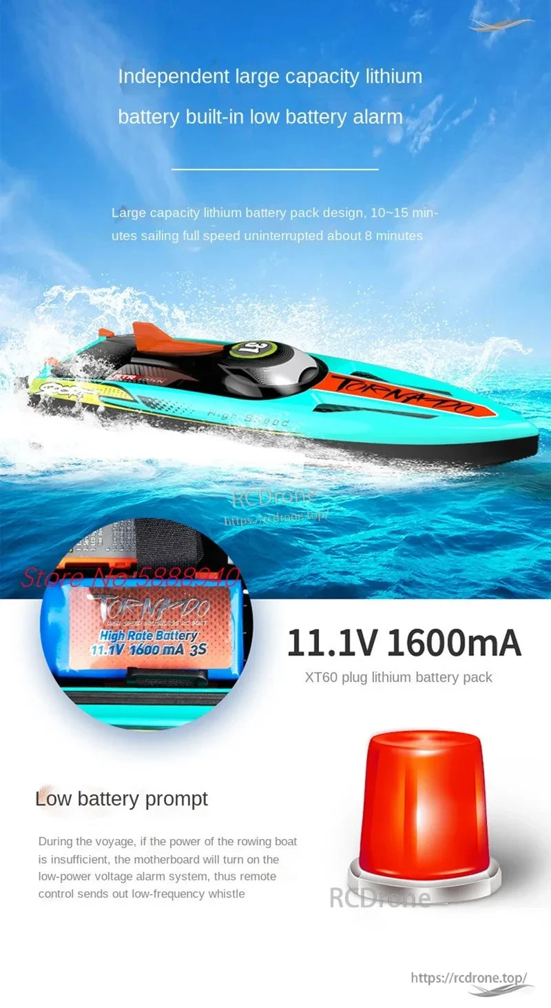 Tccicadas S002 Brushless Waterproof RC Boat, Tccicadas S002 RC boat features an 11.1V battery, XT60 plug, low-battery alarm, 8-minute runtime, waterproof design, and high-speed performance with built-in alerts. (24 words)
