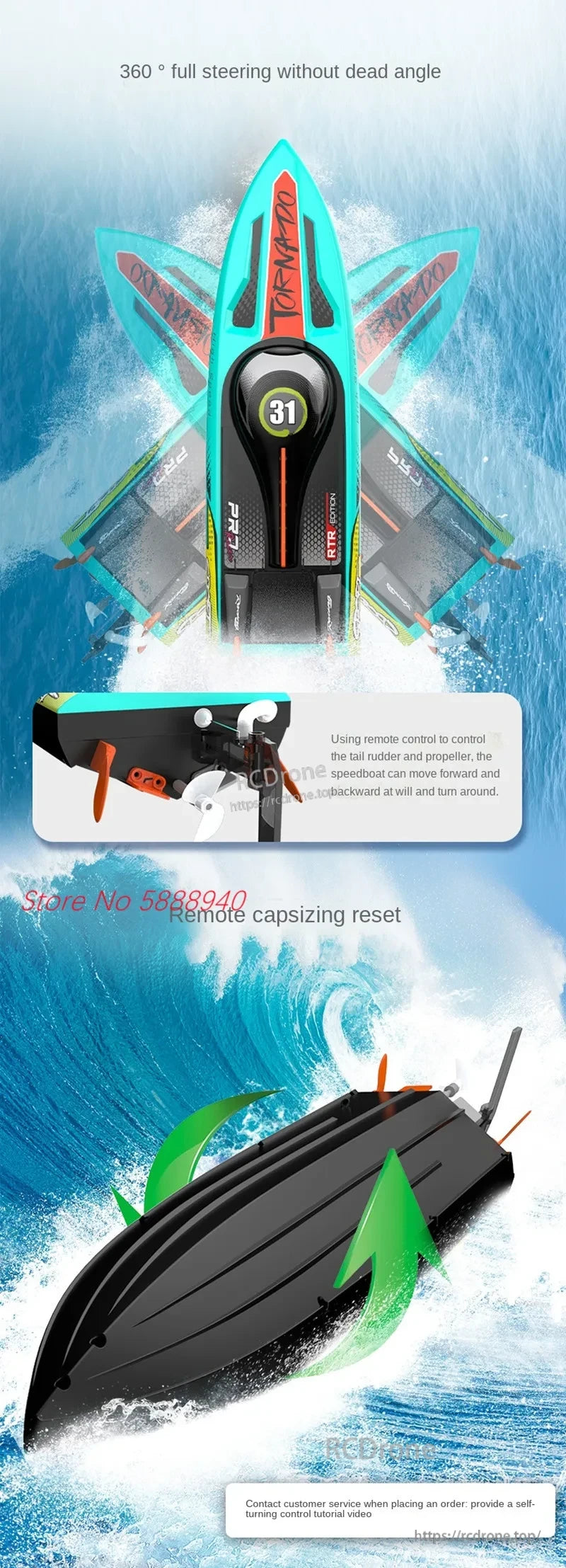 Tccicadas S002 Brushless Waterproof RC Boat, 360° steering, remote rudder and propeller control, forward/backward movement, turn around, remote reset after capsizing, self-turning tutorial included.