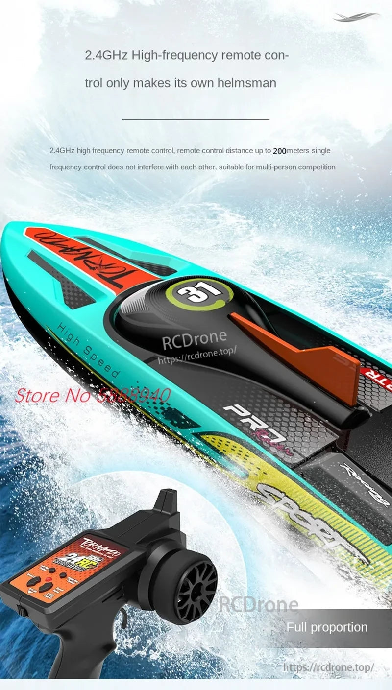 Tccicadas S002 Brushless Waterproof RC Boat, 2.4GHz remote control with 200m range, interference-free, perfect for multi-player races; features full proportion control and brushless motor.