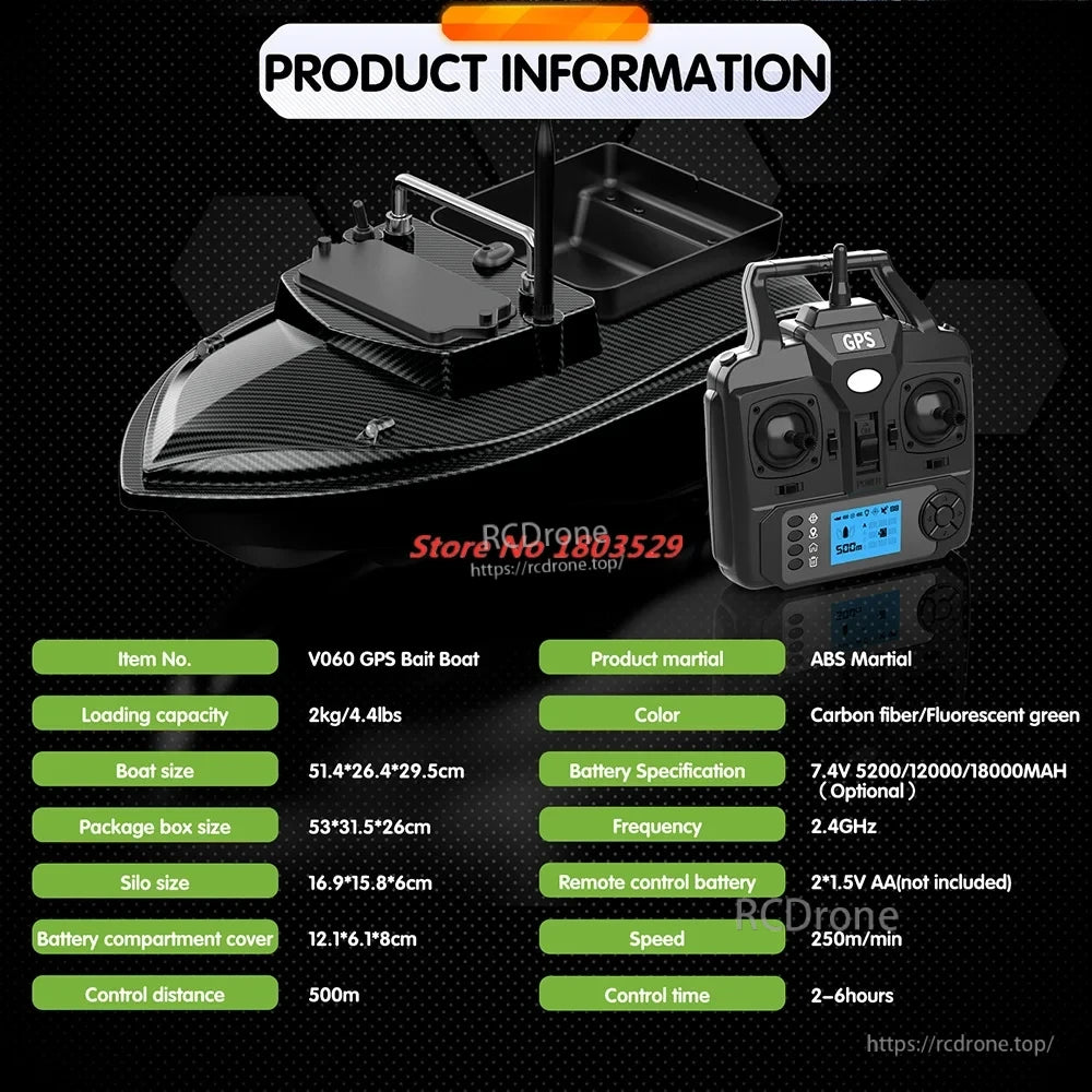 Tccicadas V060 GPS Fishing Bait Boat, Tccicadas V060 GPS bait boat: 2kg capacity, 51.4×26.4×29.5cm, 250m/min speed, 500m range, ABS and carbon fiber body, 2.4GHz control, optional batteries.
