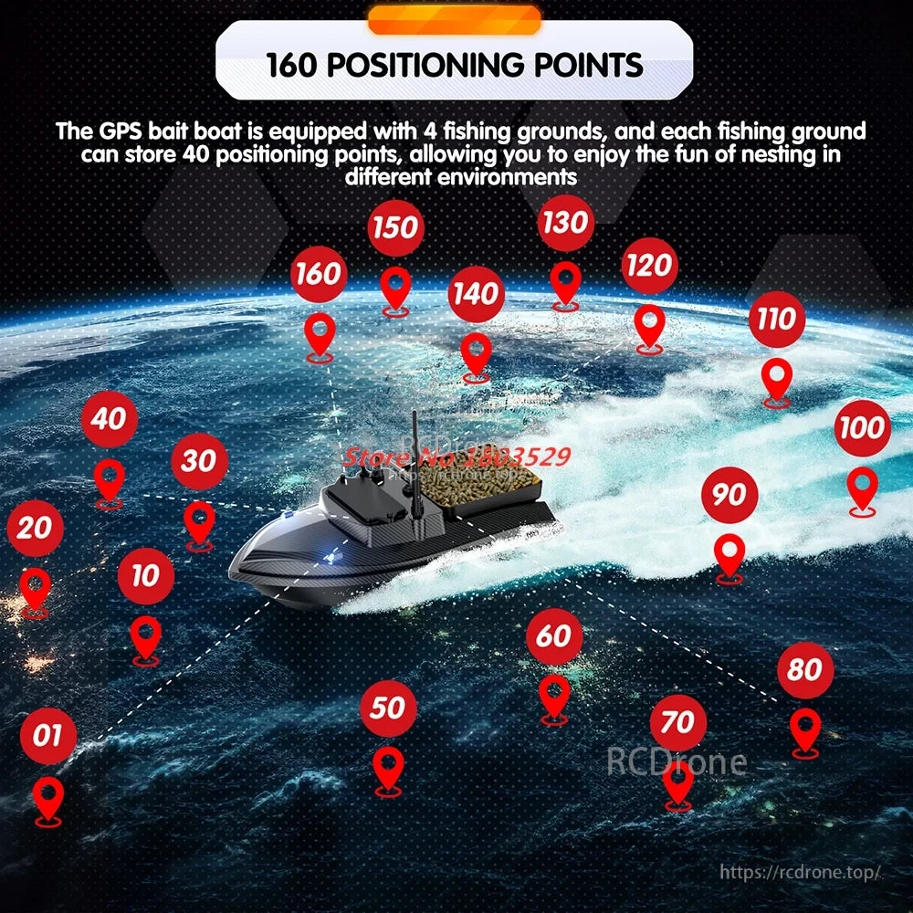Tccicadas V060 GPS Fishing Bait Boat, GPS bait boat features 160 positioning points across 4 fishing grounds (40 points each), enabling versatile fishing in diverse environments.