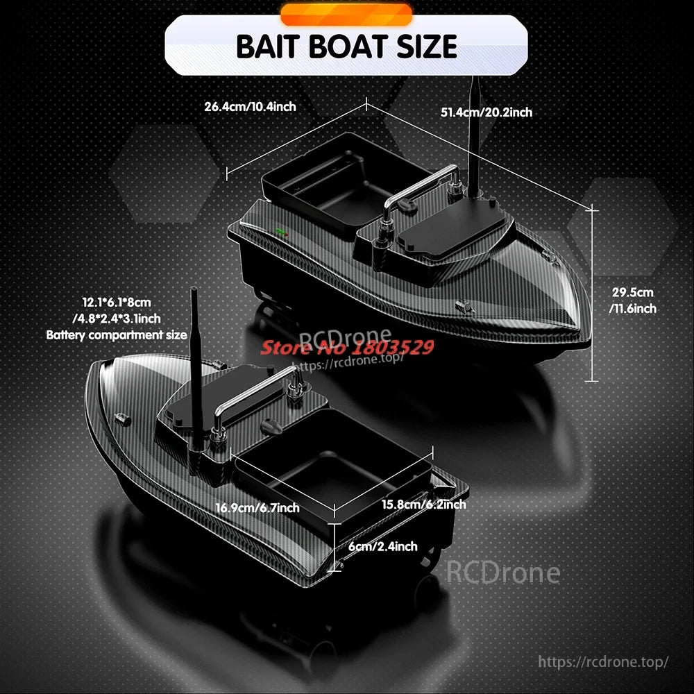 Tccicadas V060 GPS Fishing Bait Boat, Bait boat measures 51.4x26.4x29.5cm; battery compartment is 12.1x6.1x8cm. Store number: 1803529.