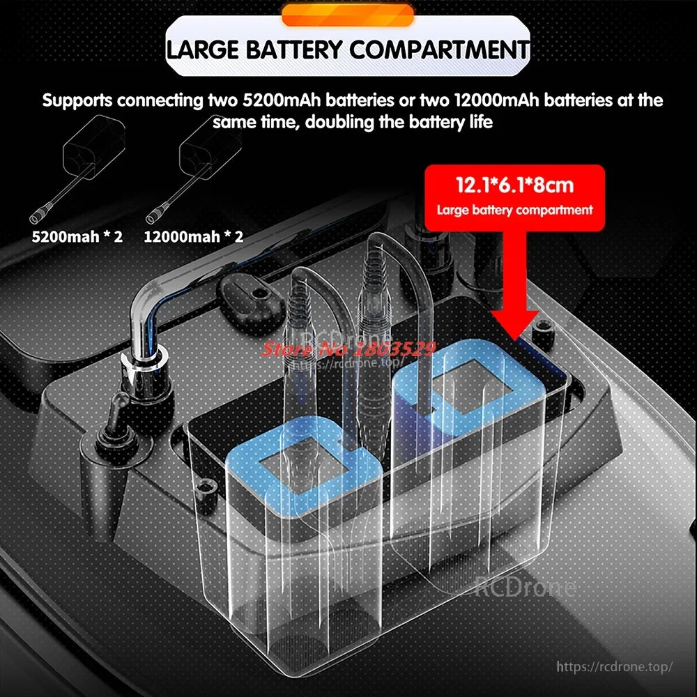 Tccicadas V060 GPS Fishing Bait Boat, Large compartment fits two 5200mAh or 12000mAh batteries, doubling life; dimensions: 12.1×6.1×8cm.