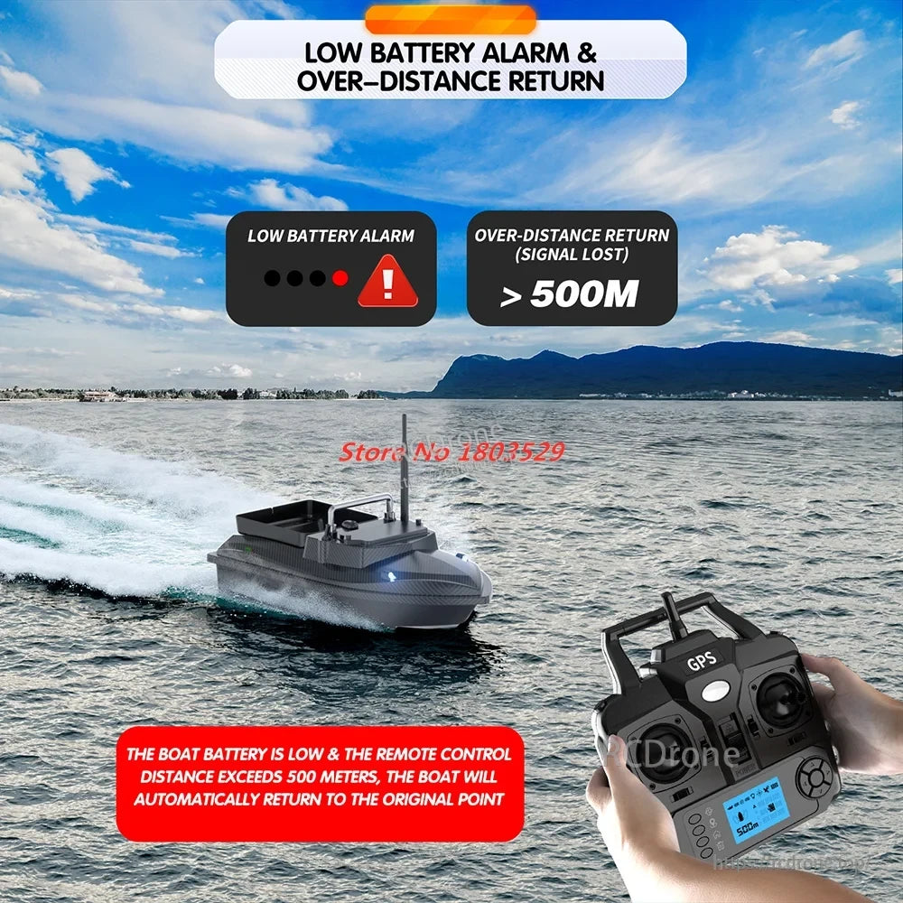 Tccicadas V060 GPS Fishing Bait Boat, The GPS-enabled Tccicadas V060 fishing bait boat auto-returns on low battery or beyond 500m, features remote display, safety alerts, and reliable water performance.