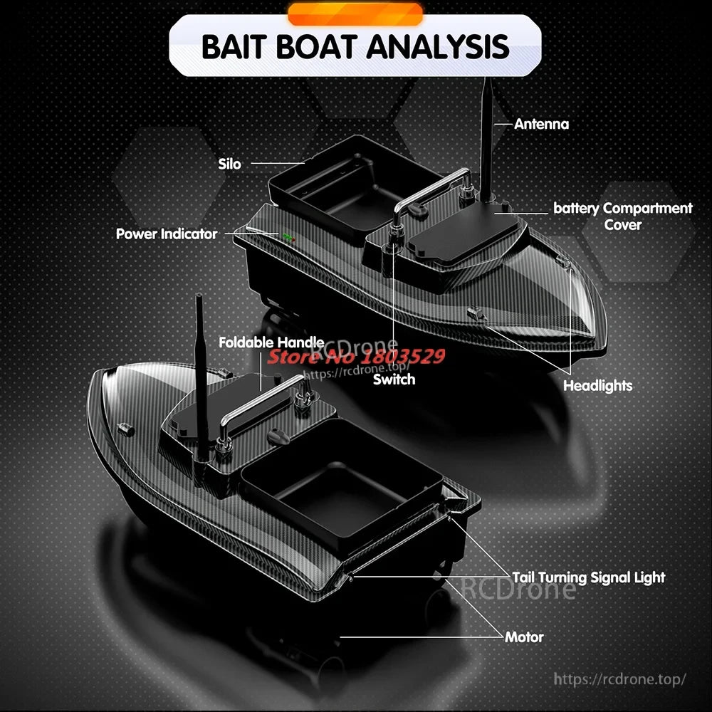 Tccicadas V060 GPS Fishing Bait Boat, A bait boat diagram showing labeled components: antenna, silo, motor, and headlights for improved fishing efficiency.
