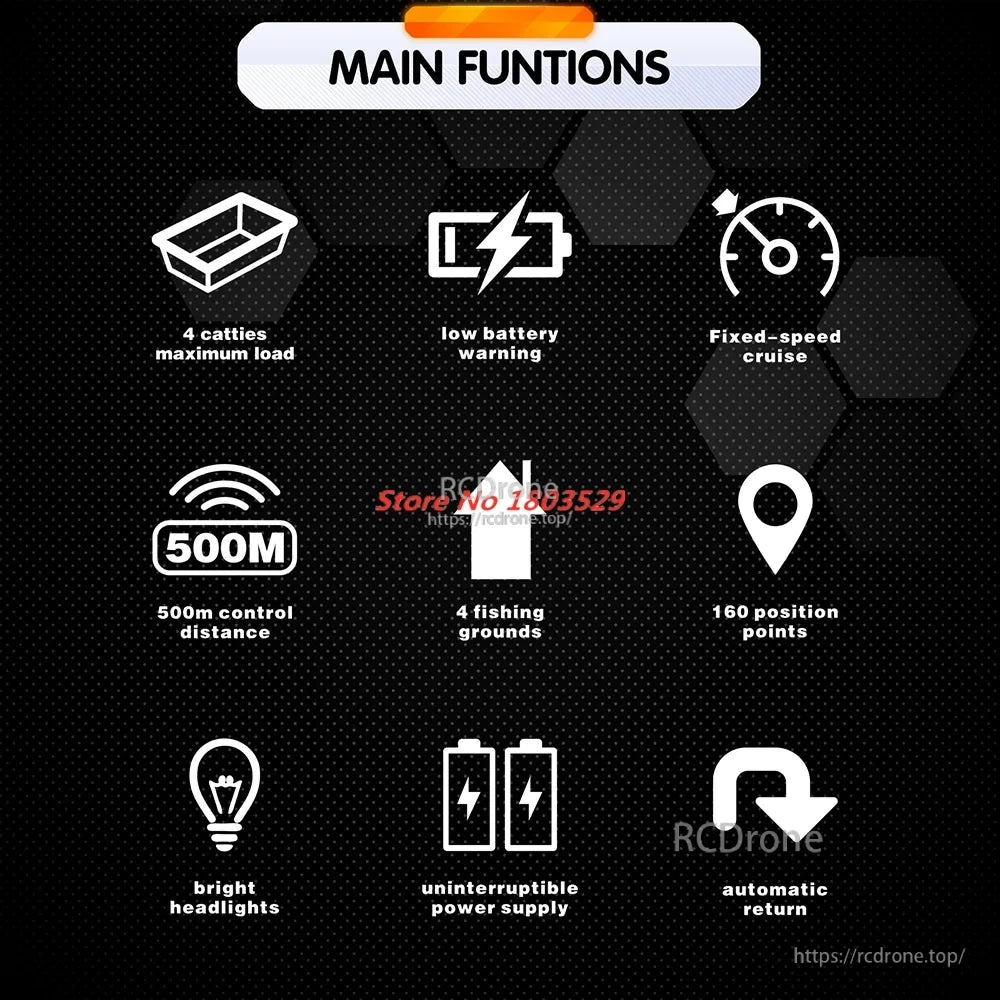 Tccicadas V060 GPS Fishing Bait Boat, Drone carries 4 catties, warns low battery, cruises at fixed speed, 500m range, 4 fishing spots, 160 waypoints, bright lights, uninterrupted power, auto-return.