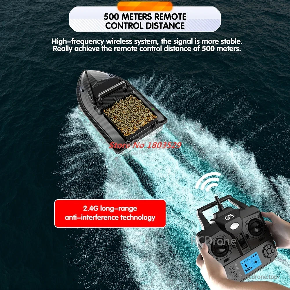 Tccicadas V060 GPS Fishing Bait Boat, 500m range, 2.4G anti-interference tech, GPS bait boat with stable signal.