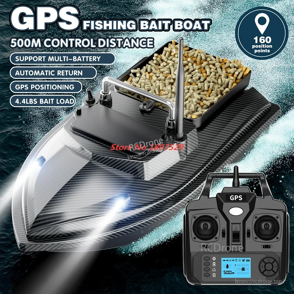 Tccicadas V060 GPS Fishing Bait Boat, GPS fishing bait boat with 500m range, 160 waypoints, multi-battery support, auto-return, GPS positioning, and 4.4lbs capacity.