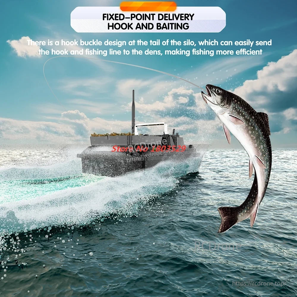 Tccicadas V060 GPS Fishing Bait Boat, Efficient fishing using a fixed-point delivery hook and baiting system with hook buckle design at the silo tail.