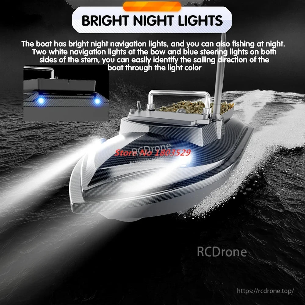 Tccicadas V060 GPS Fishing Bait Boat, Bright night lights aid nighttime fishing; white bow and blue stern lights clearly show sailing direction.