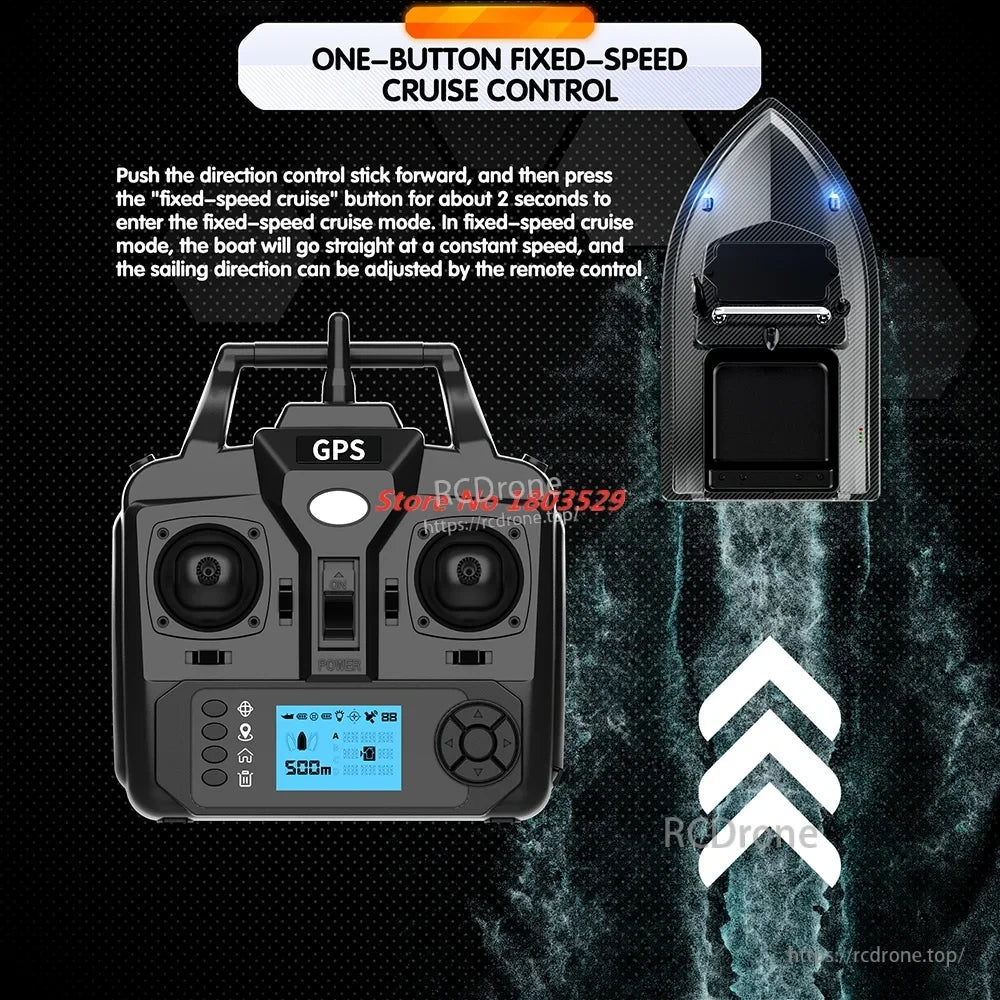 Tccicadas V060 GPS Fishing Bait Boat, Cruise control activates with a 2-second button press; boat holds speed and course, adjustable via GPS remote with display and controls.