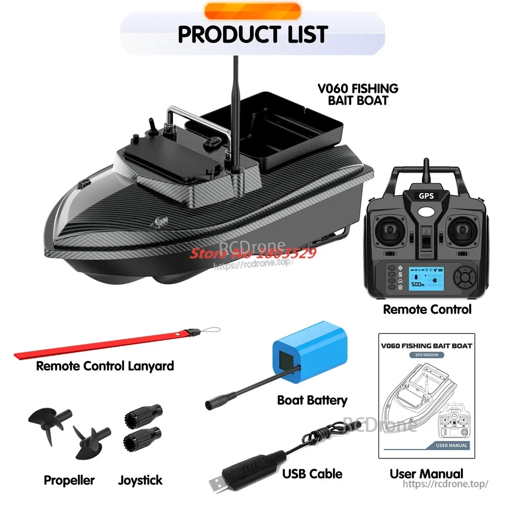 Tccicadas V060 GPS Fishing Bait Boat, GPS fishing boat with 500m distance, 160 positions, single hopper, auto return, and dual motors for effective fishing.