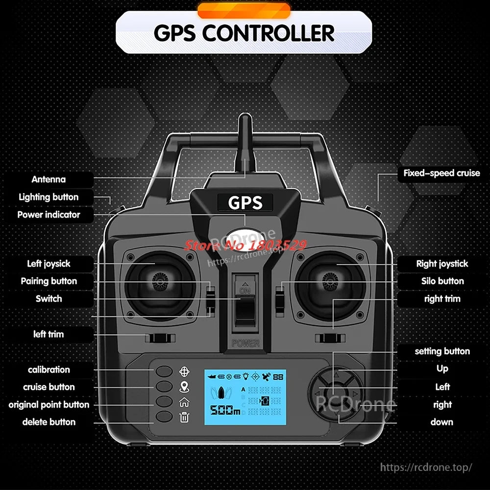 Tccicadas V060 GPS Fishing Bait Boat, Dual-joystick GPS controller with trim, calibration, cruise, and settings buttons; includes antenna, power indicator, and display screen.