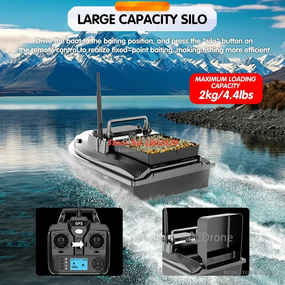 Tccicadas V060 GPS Fishing Bait Boat, GPS-controlled bait boat with 2kg capacity, enables precise, remote fixed-point baiting for efficient fishing.