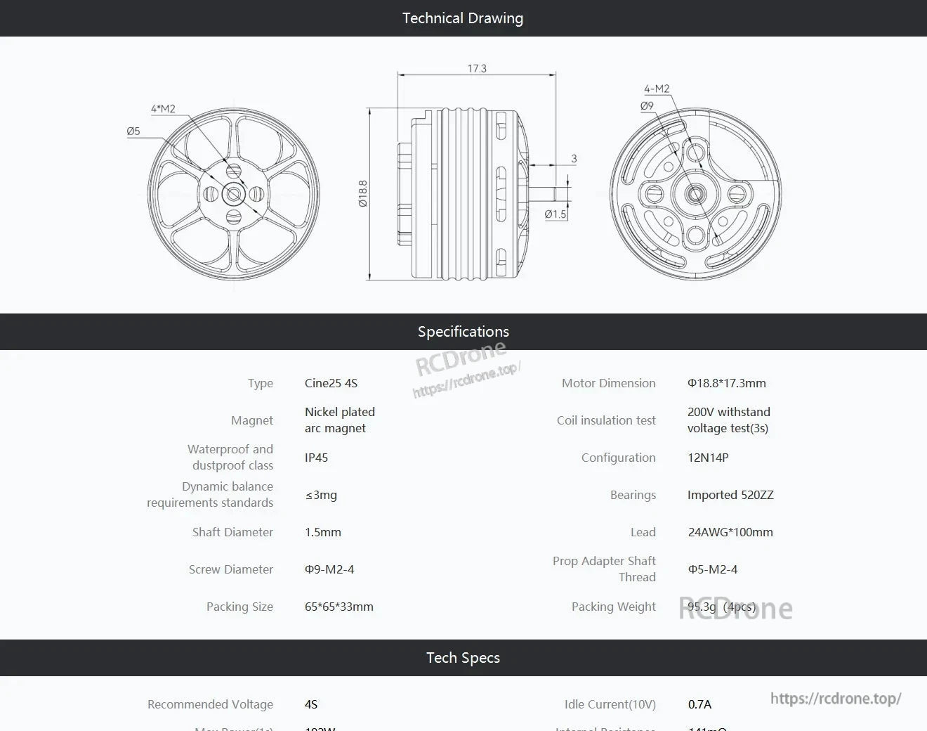 Technical drawing and key specs for T-Motor Cine25 4S motor, showing 18.8×17.3 mm size and 1.5 mm shaft