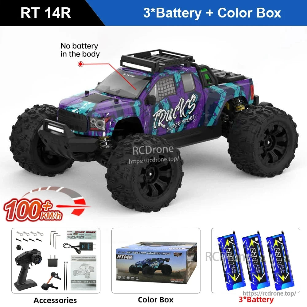 Teeggi PT14R/MT14R 1/14 4WD Rc Car, RT 14R 4WD electric monster truck, 100+ km/h, brushless 3S, 2.4GHz, IPX6 ESC, metal shocks, 150M range. Includes 3 batteries, color box, accessories. Ready-to-go off-road vehicle.