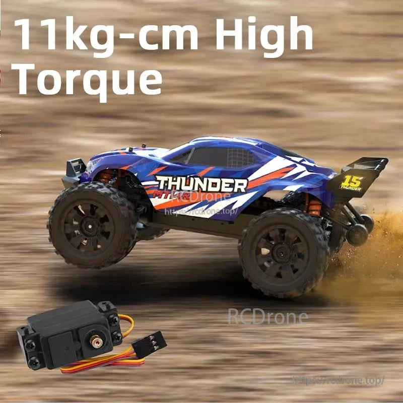 Teeggi PT14R/MT14R 1/14 4WD Rc Car, The Thunder 4WD RC truck features a brushless motor, metal shocks, off-road capability, and delivers 11kg-cm of high torque for powerful performance.