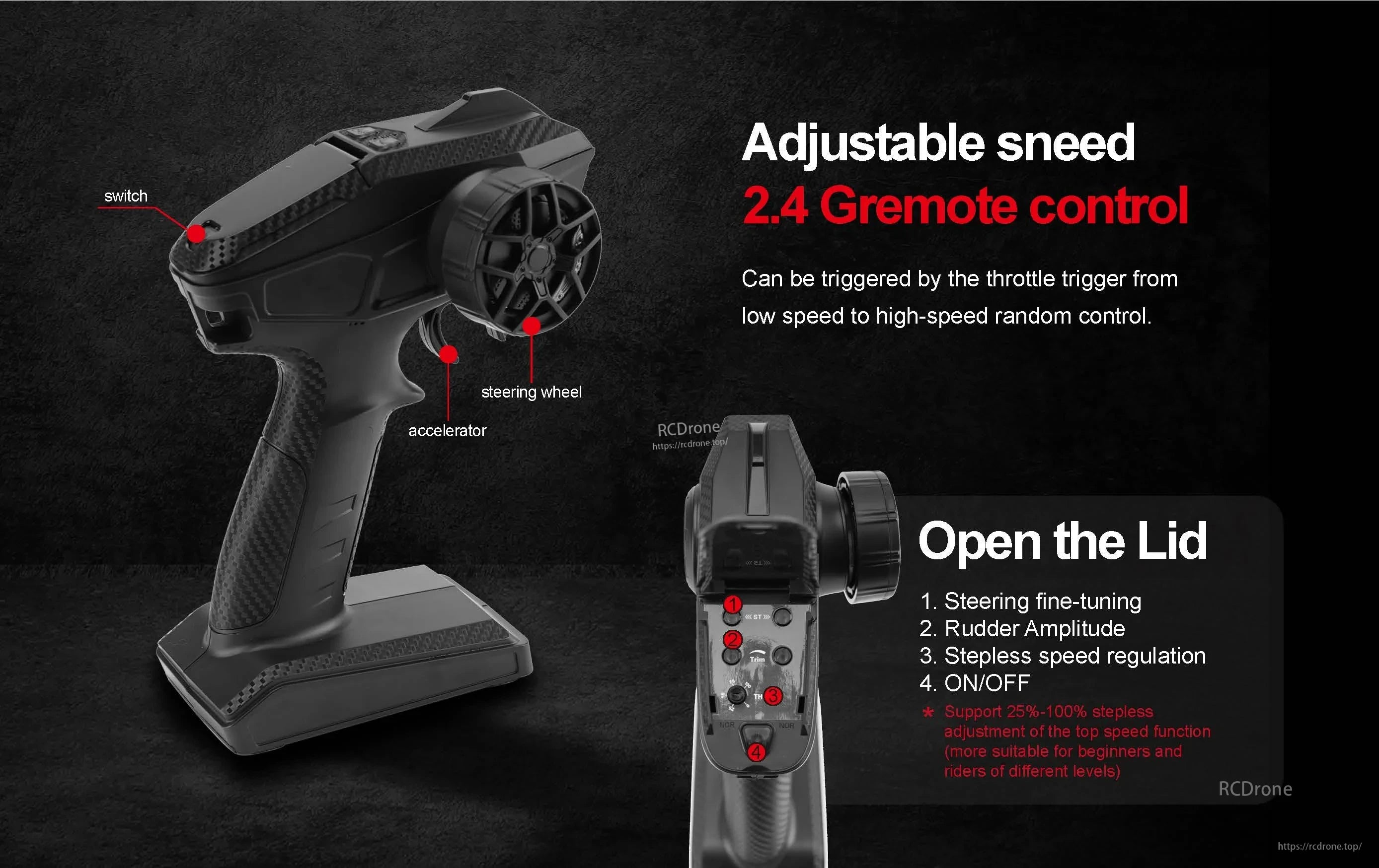 Teeggi PT14R/MT14R 1/14 4WD Rc Car, The 2.4G remote provides adjustable speed, precise controls, and stepless regulation, with a compact design ideal for all skill levels.