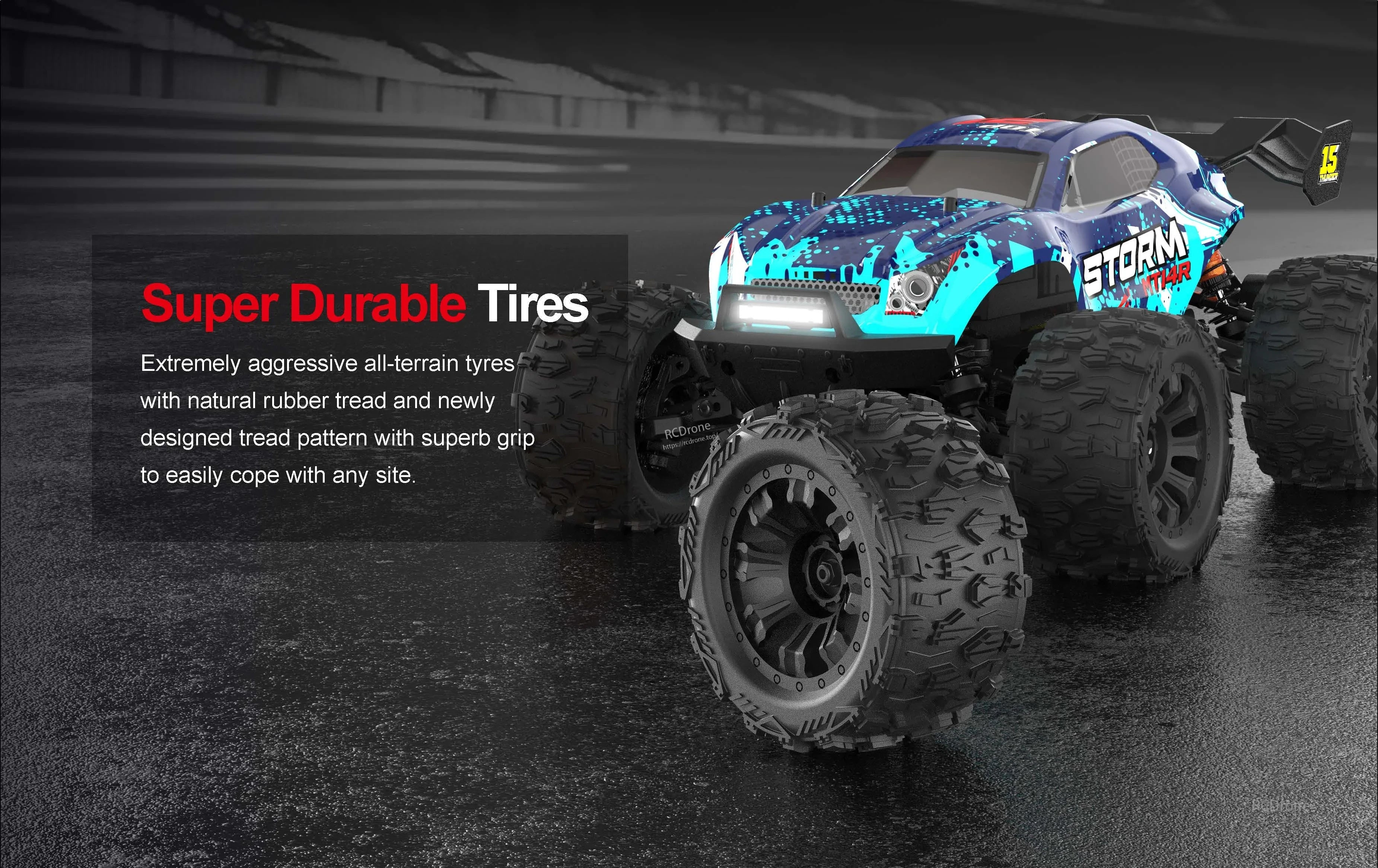 Teeggi PT14R/MT14R 1/14 4WD Rc Car, Super durable natural rubber tires with aggressive all-terrain tread provide excellent grip for the Storm Warrior RC car on any surface.