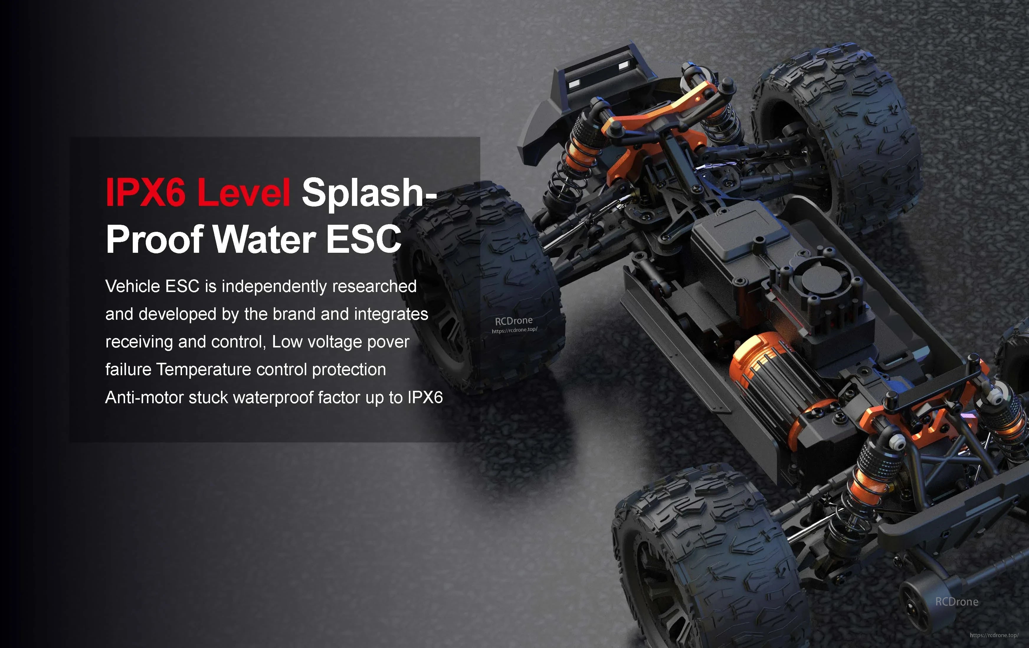 Teeggi PT14R/MT14R 1/14 4WD Rc Car, IPX6 waterproof ESC with splash-proof design, low voltage protection, temperature control, and anti-motor stall features for reliable drone performance.