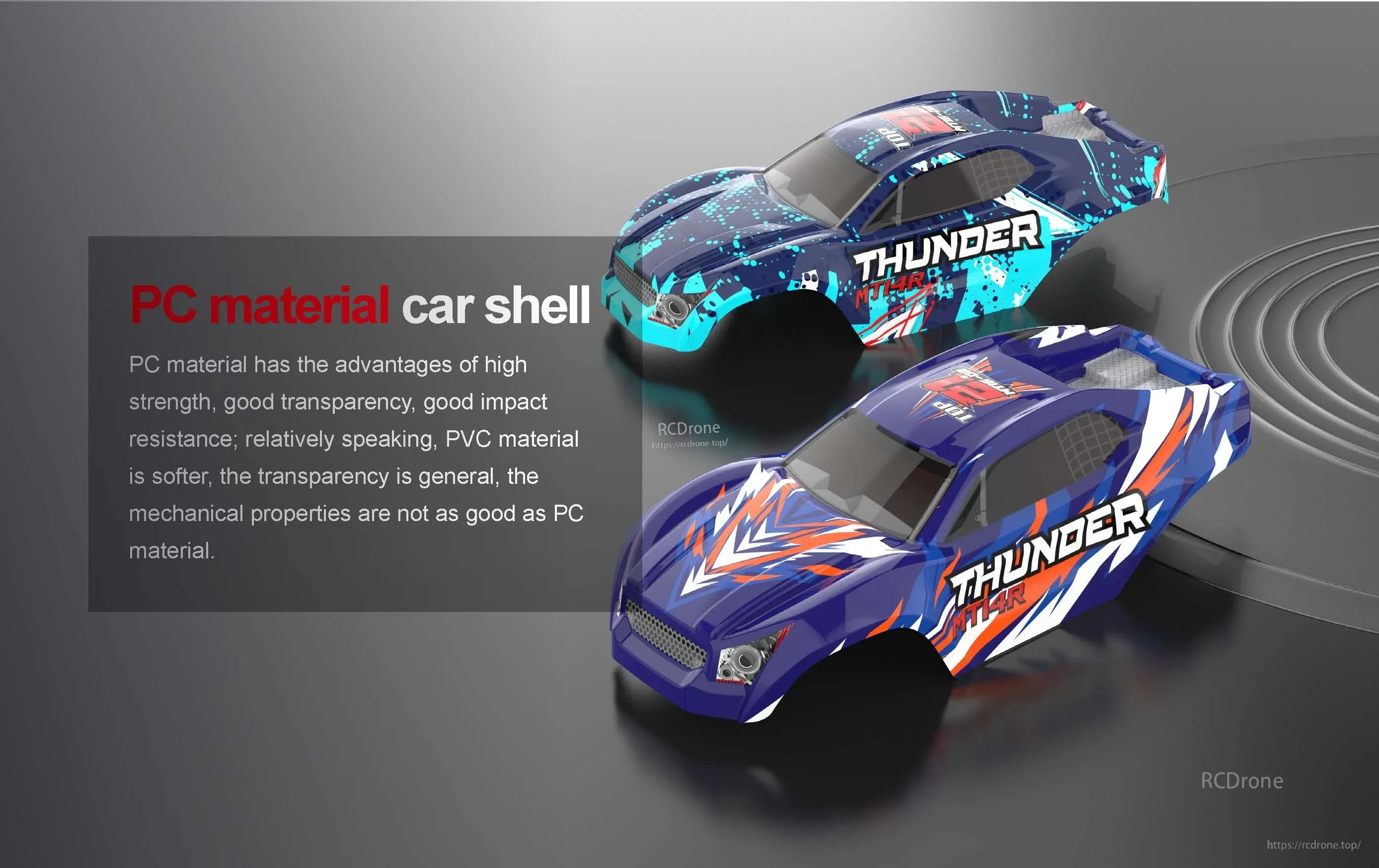Teeggi PT14R/MT14R 1/14 4WD Rc Car, PC material provides strong, transparent, impact-resistant car shells; PVC is softer and less durable mechanically.