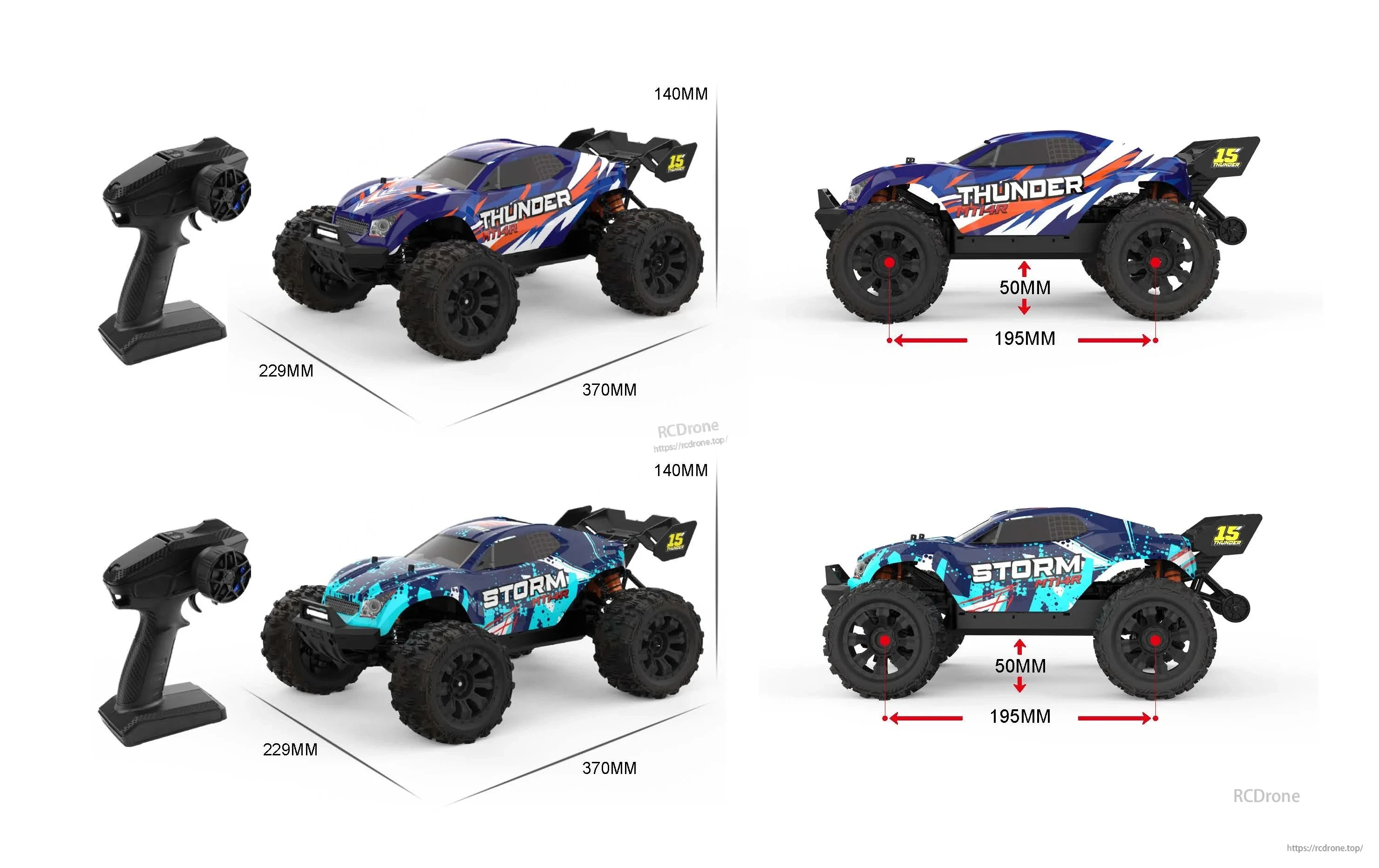 Teeggi PT14R/MT14R 1/14 4WD Rc Car, Teeggi PT14R/MT14R 1/14 scale 4WD RC car, Thunder and Storm models, measures 370x229x140mm, with 195mm wheelbase and 50mm ground clearance.