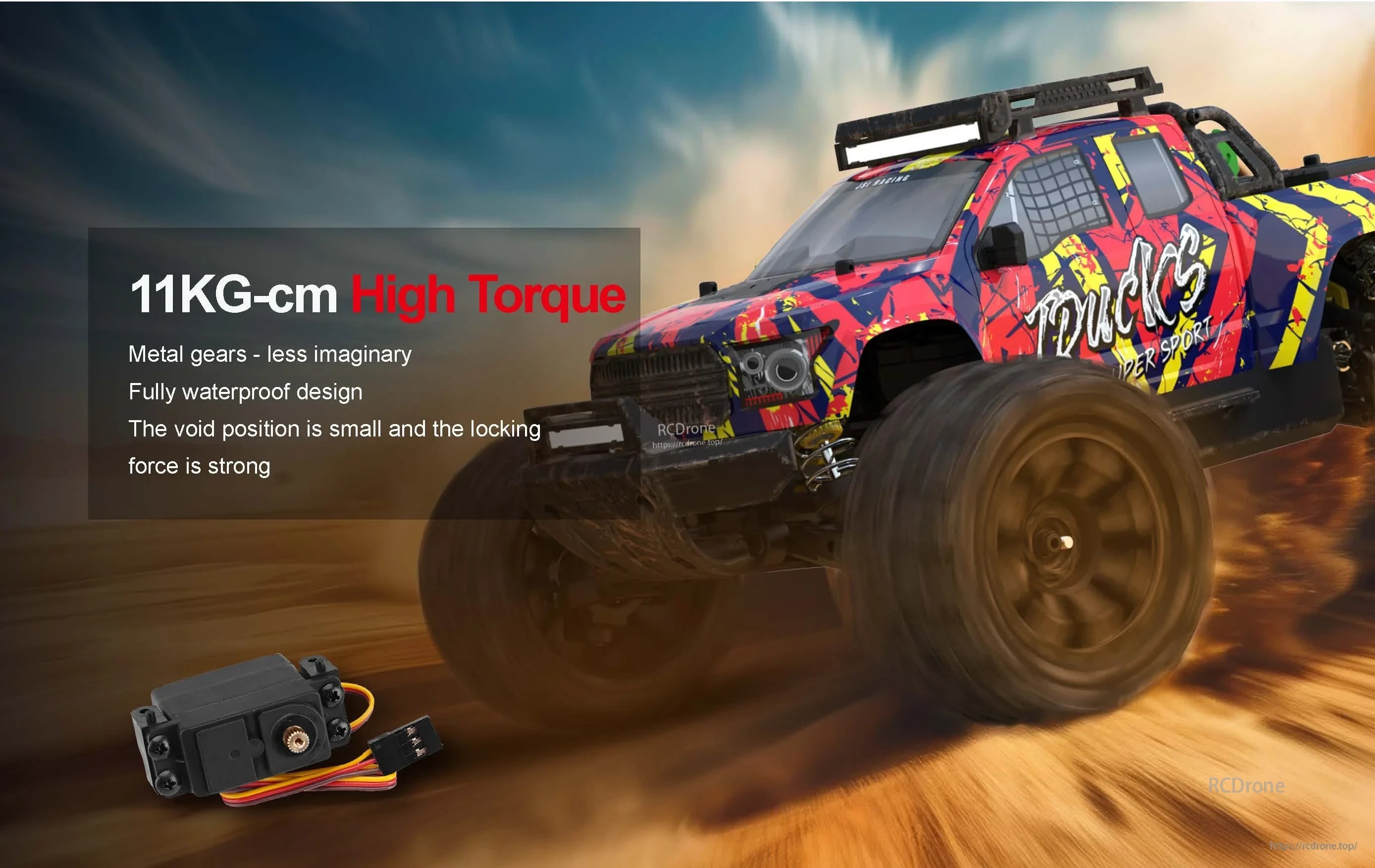 Teeggi PT14R/MT14R 1/14 4WD Rc Car, High-torque 11KG-cm metal gear servo, waterproof with strong locking force, ideal for RC trucks.