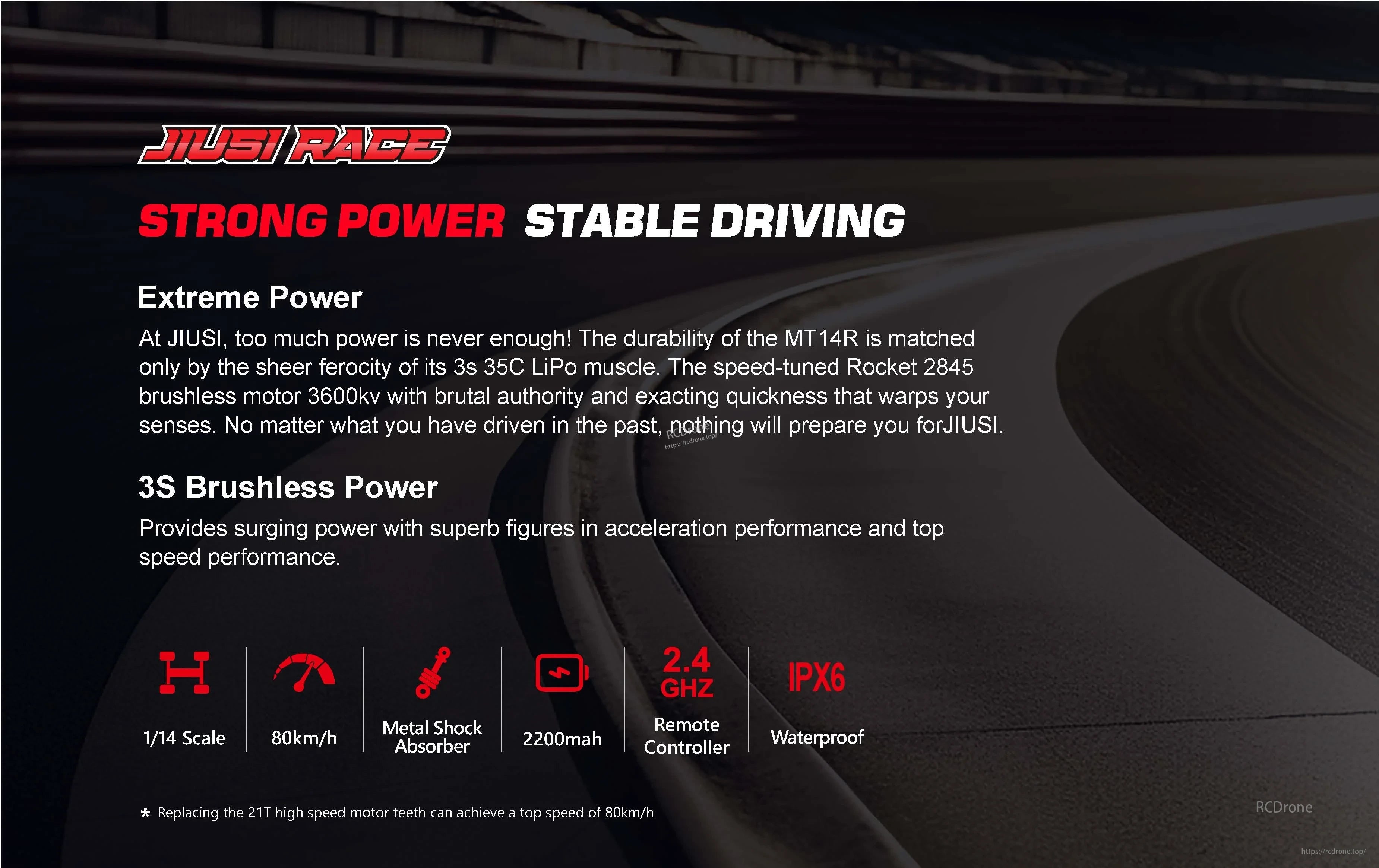 Teeggi PT14R/MT14R 1/14 4WD Rc Car, JIUSI RACE MT14R: 1/14 scale 4WD RC car, 3S brushless, 80km/h, 2200mAh battery, 2.4GHz control, IPX6 waterproof, metal shocks, stable performance. (24 words)