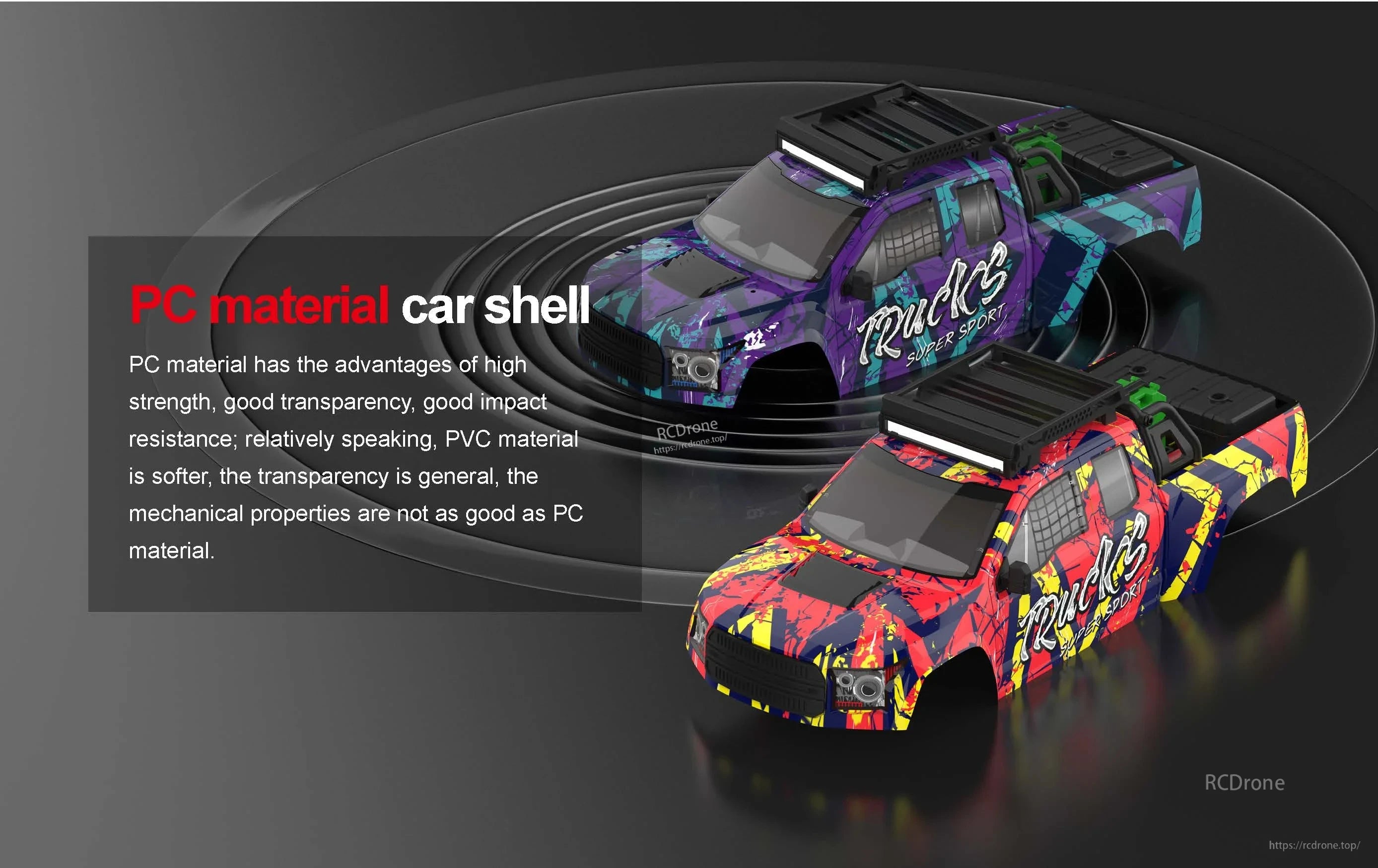 Teeggi PT14R/MT14R 1/14 4WD Rc Car, PC material provides superior strength, transparency, and impact resistance compared to softer, less durable PVC with lower mechanical performance and clarity.