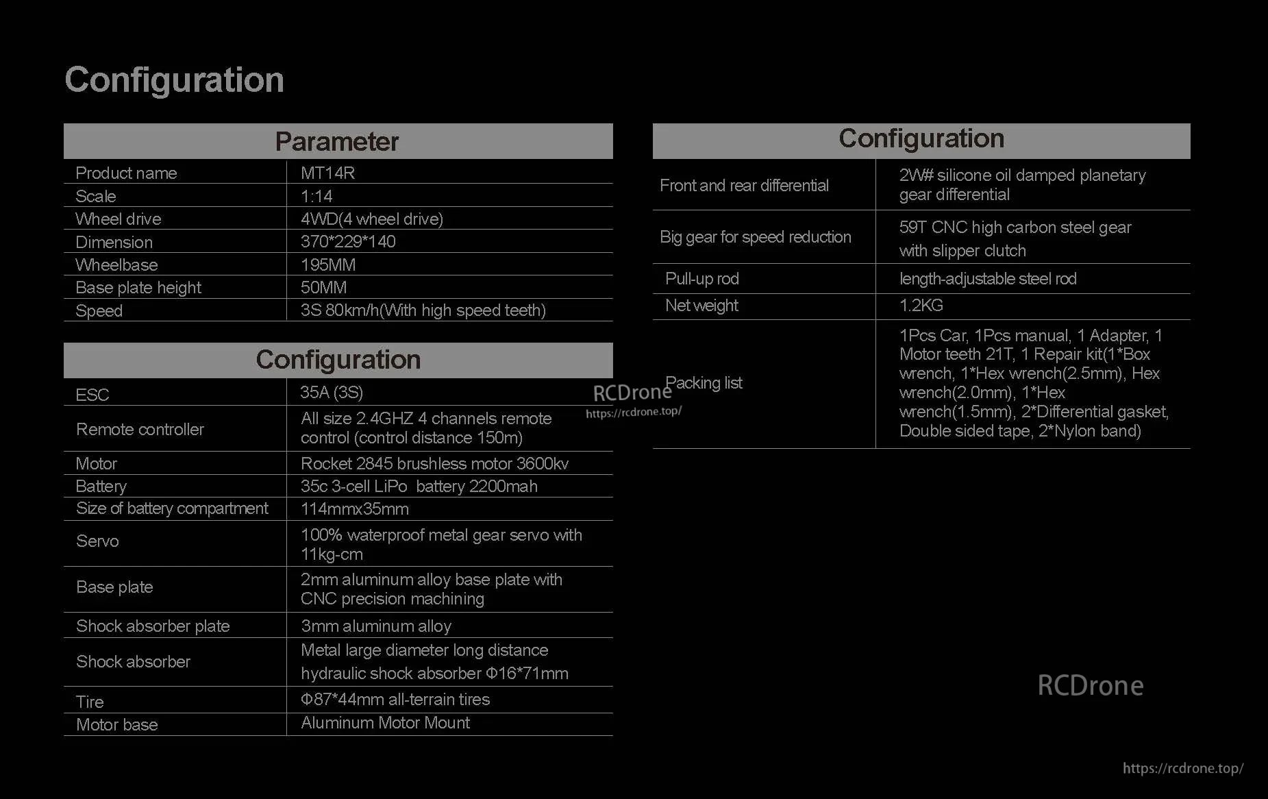 Teeggi PT14R/MT14R 1/14 4WD Rc Car, MT14R 1:14 scale 4WD RC car features 35A ESC, 3600kv motor, 2200mAh battery, 80km/h speed, CNC aluminum base, hydraulic shocks, all-terrain tires, silicone oil diffs, and assembly tools.