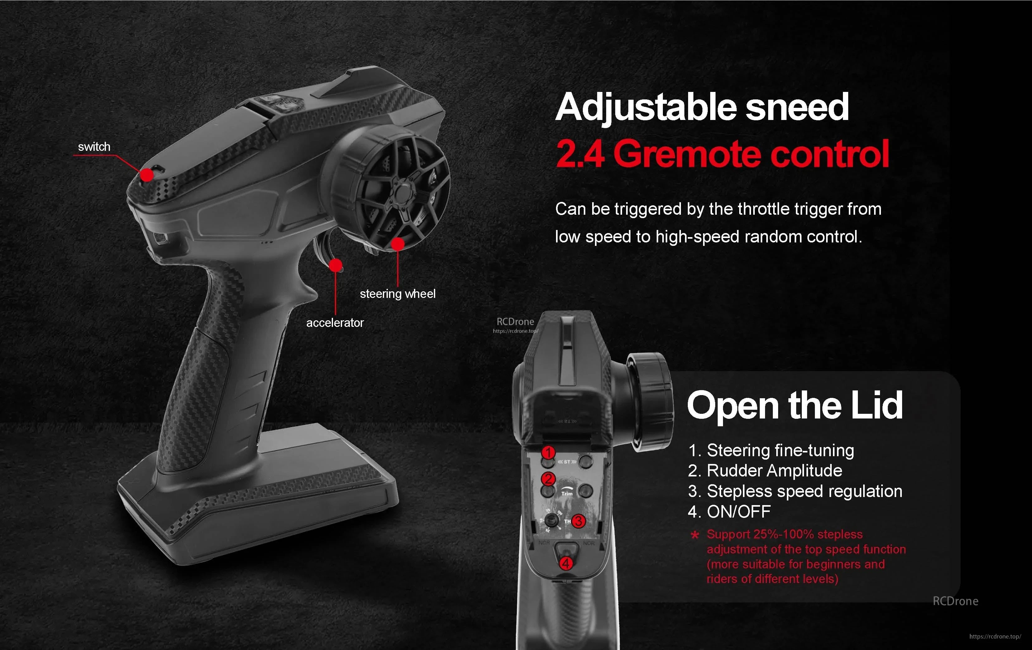 Teeggi PT14R/MT14R 1/14 4WD Rc Car, 2.4G remote with adjustable throttle, fine-tuning, and 25%-100% speed settings; ideal for all skill levels.