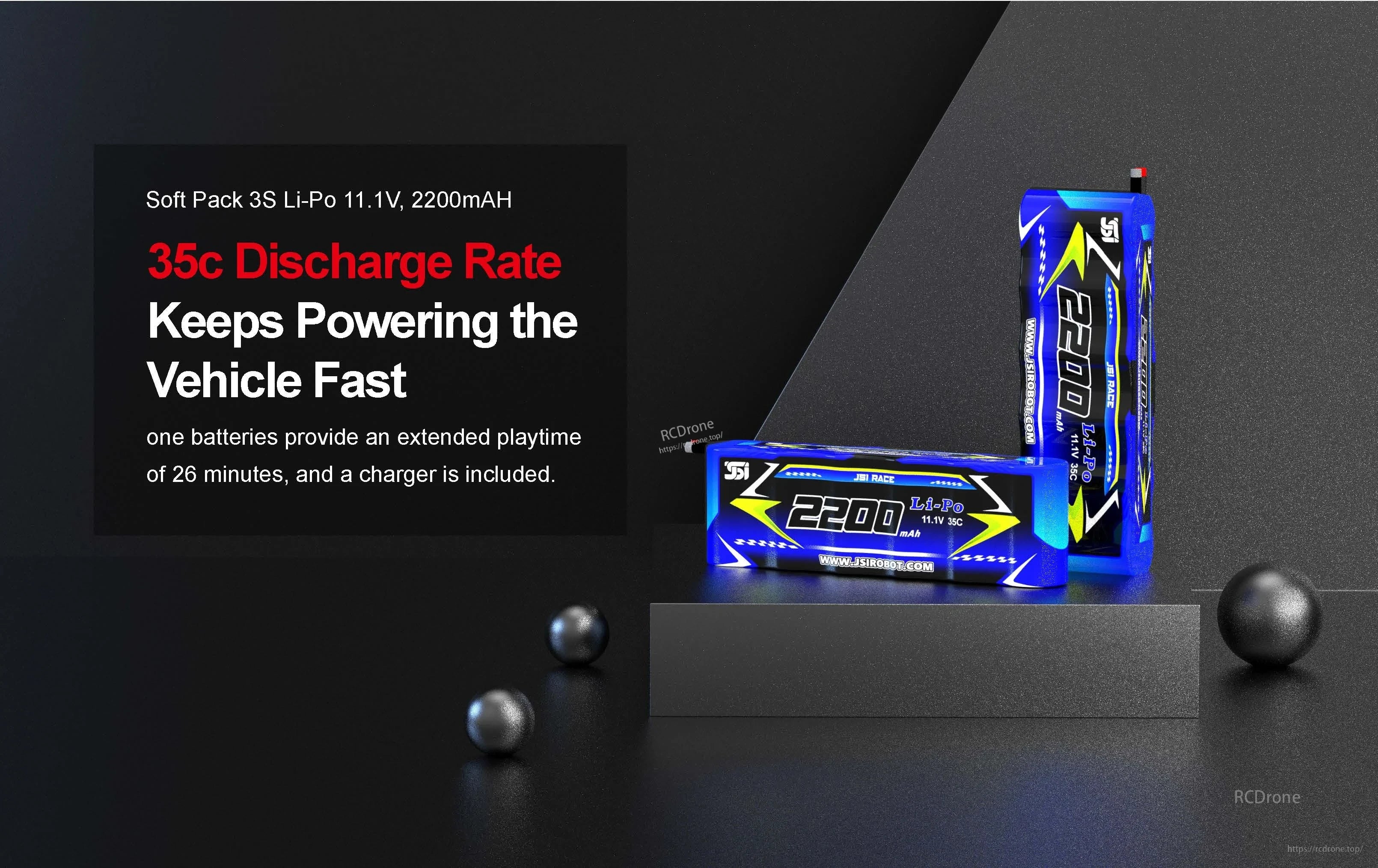 Teeggi PT14R/MT14R 1/14 4WD Rc Car, 3S 11.1V 2200mAh Li-Po battery with 35C discharge provides fast performance and 26 minutes runtime; includes charger.