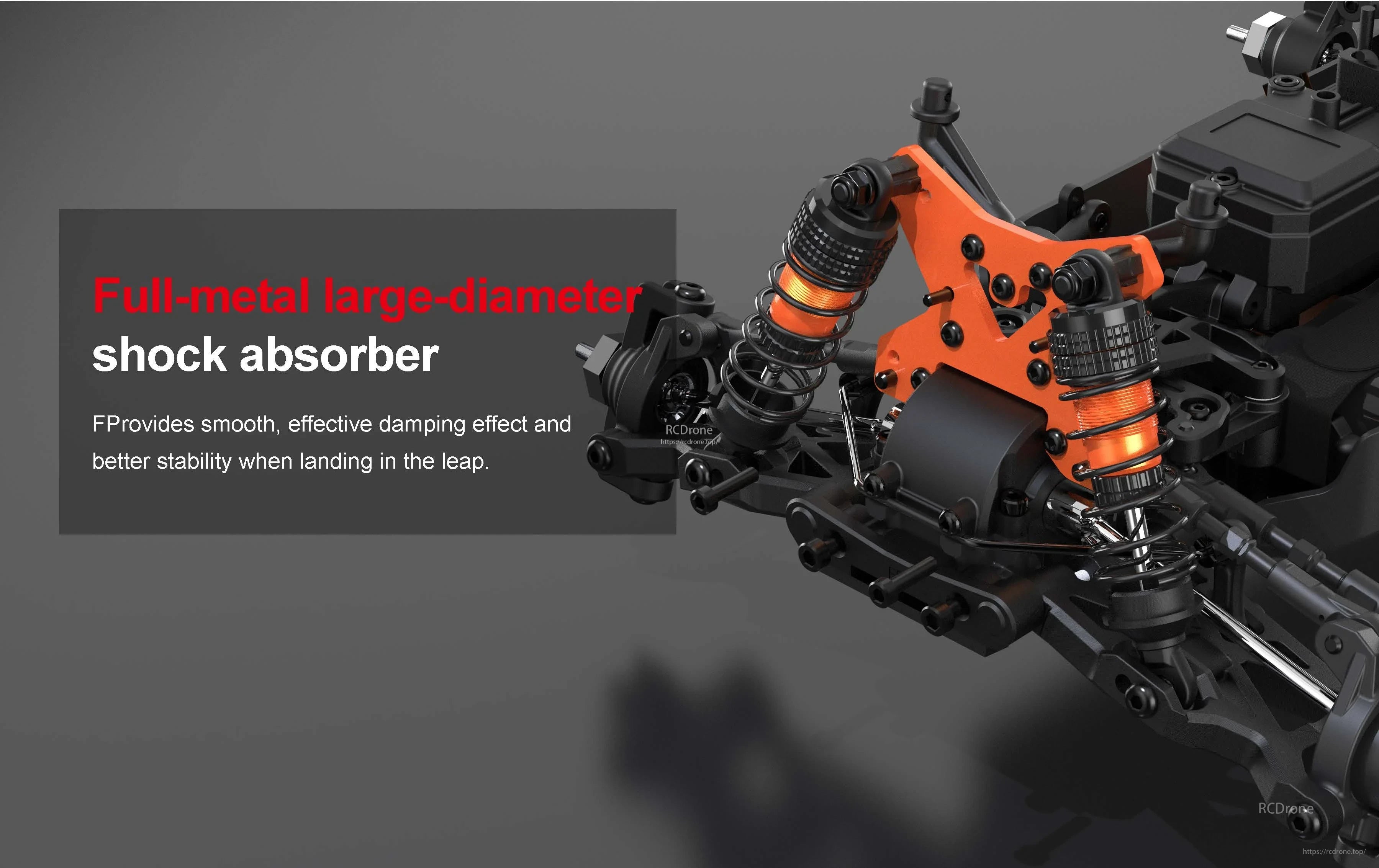 Teeggi PT14R/MT14R 1/14 4WD Rc Car, A full-metal, large-diameter shock absorber provides smooth damping and improved stability during jumps.