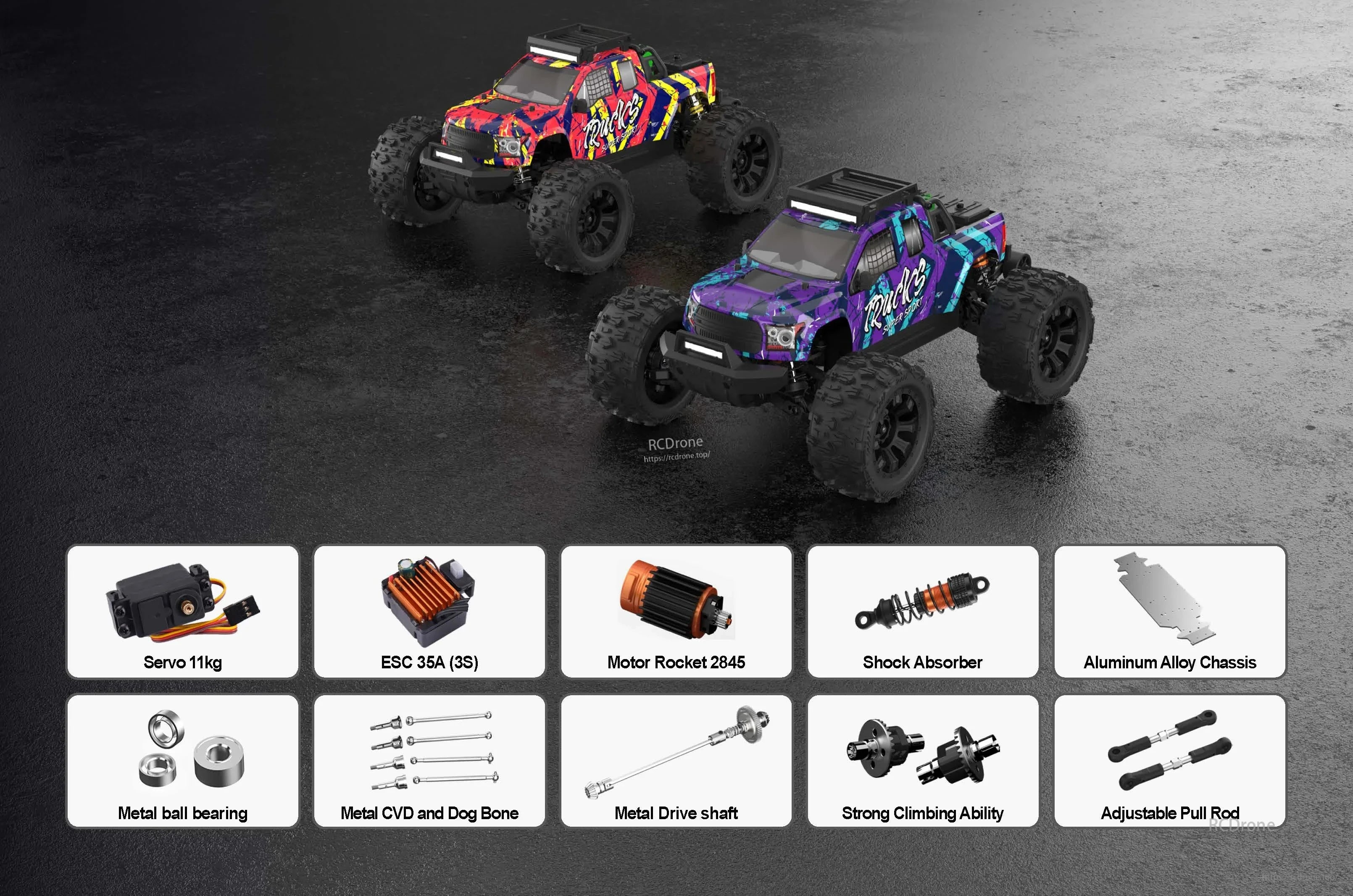 Teeggi PT14R/MT14R 1/14 4WD Rc Car, Teeggi PT14R/MT14R 1/14 scale 4WD RC car features servo, ESC, motor, shocks, alloy chassis, metal parts, and adjustable pull rod.