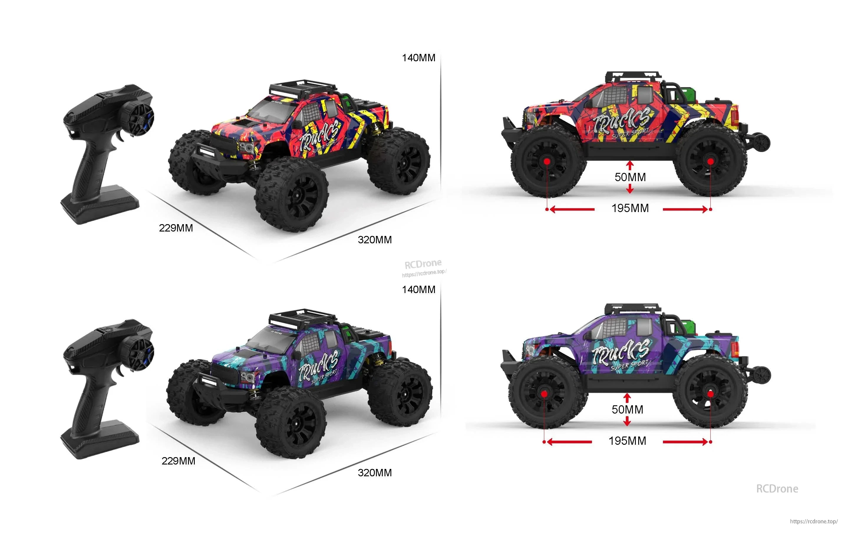 Teeggi PT14R/MT14R 1/14 4WD Rc Car, Teeggi PT14R/MT14R 1/14 scale 4WD RC car, two colors, 320x229x140mm size, 195mm wheelbase, 50mm ground clearance.