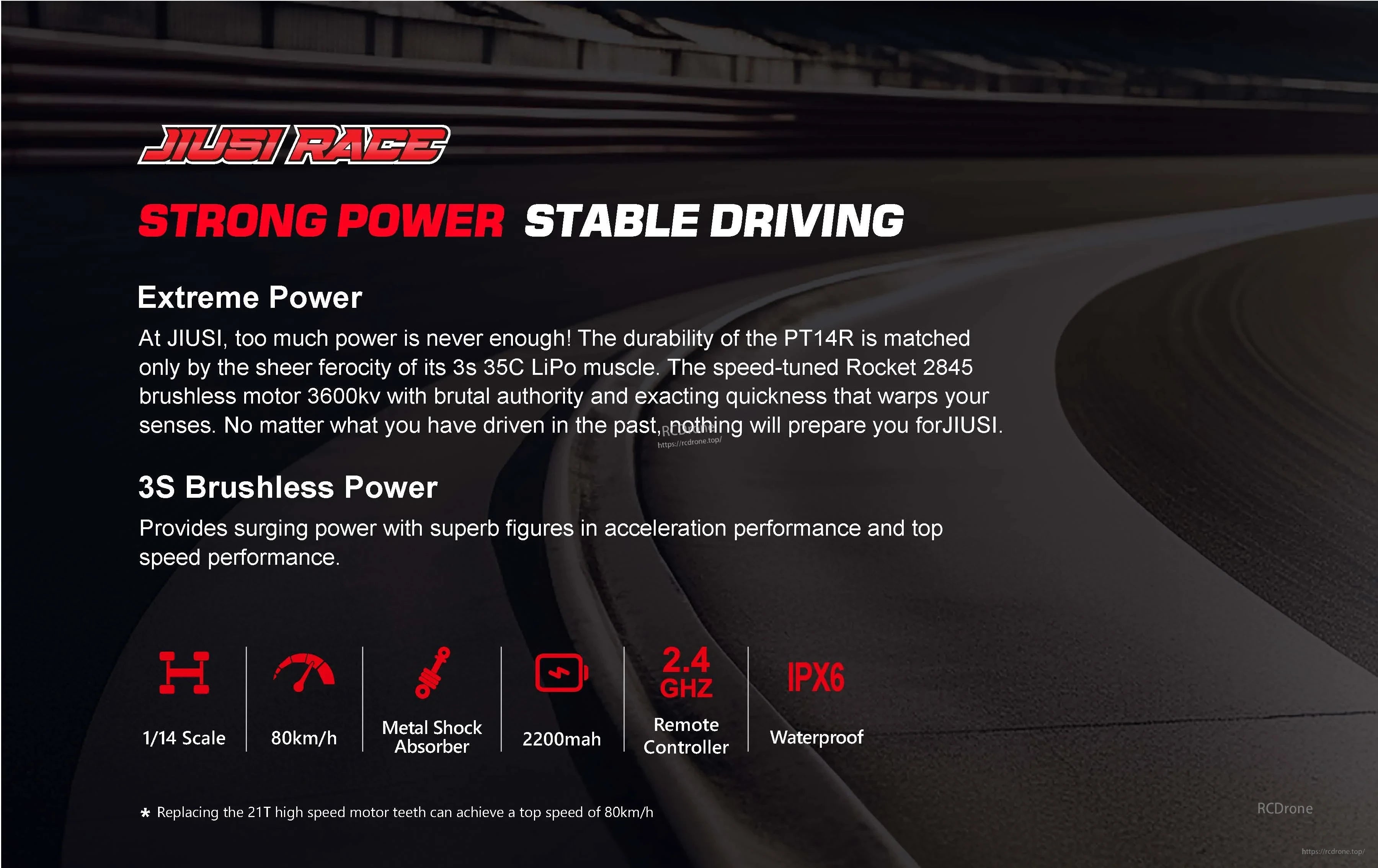 Teeggi PT14R/MT14R 1/14 4WD Rc Car, The JIUSI RACE PT14R offers 80km/h speed, 3600kv motor, 3S battery, 2.4GHz remote, IPX6 waterproofing, metal shocks, and 1/14 scale design for powerful, stable performance.