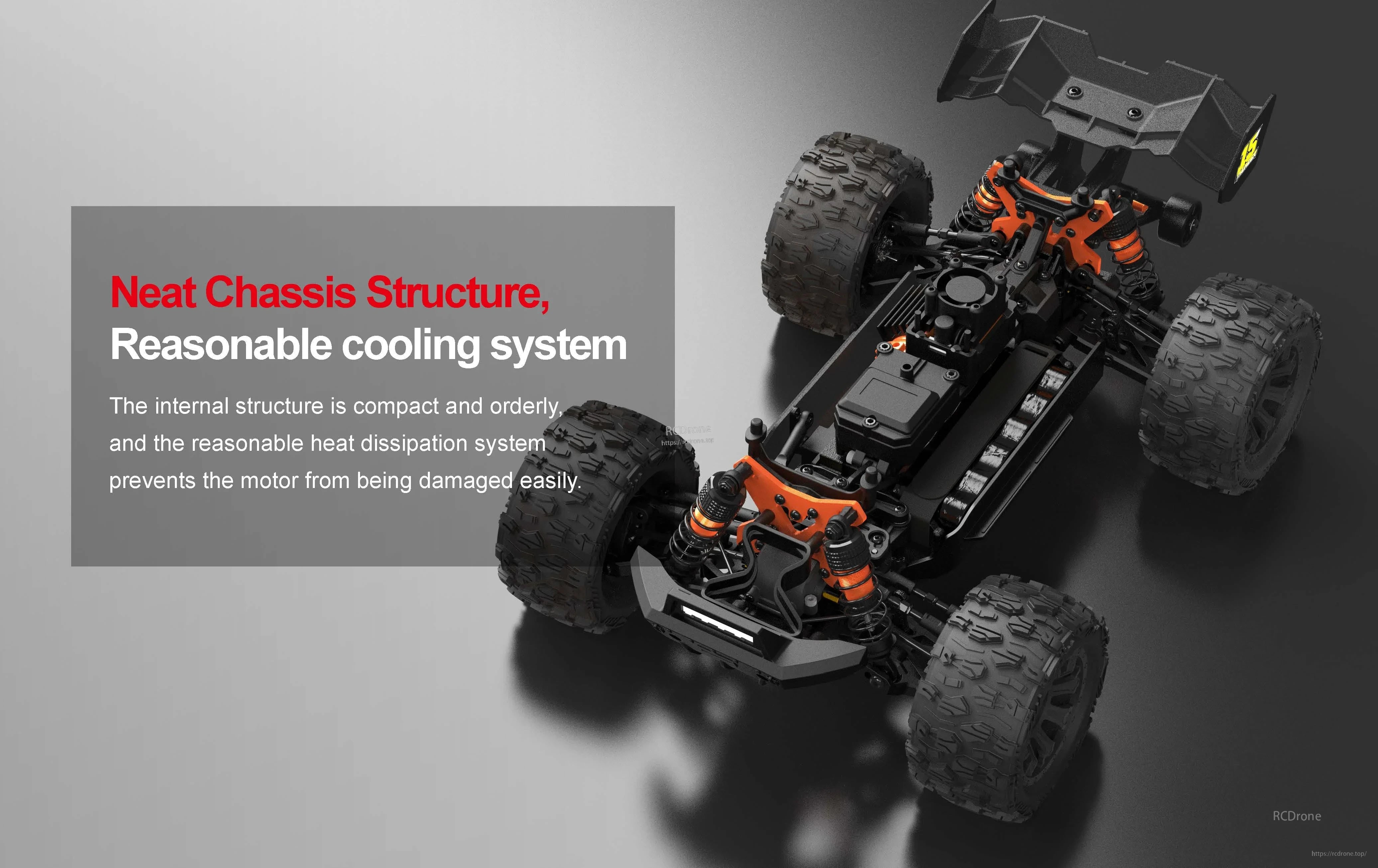 Teeggi PT14R/MT14R 1/14 4WD Rc Car, Neat chassis, efficient cooling, compact design, protects motor from damage.