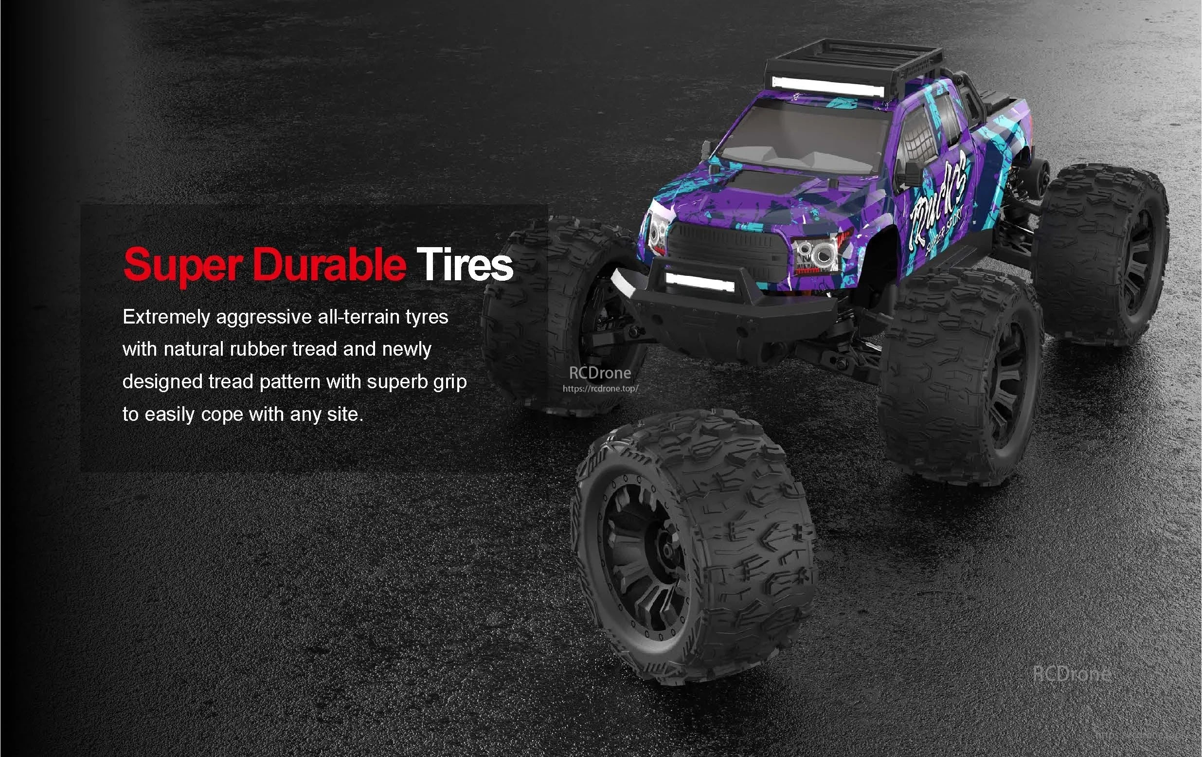 Teeggi PT14R/MT14R 1/14 4WD Rc Car, Super durable tires feature aggressive all-terrain design, natural rubber tread, and superior grip for enhanced performance on various surfaces.