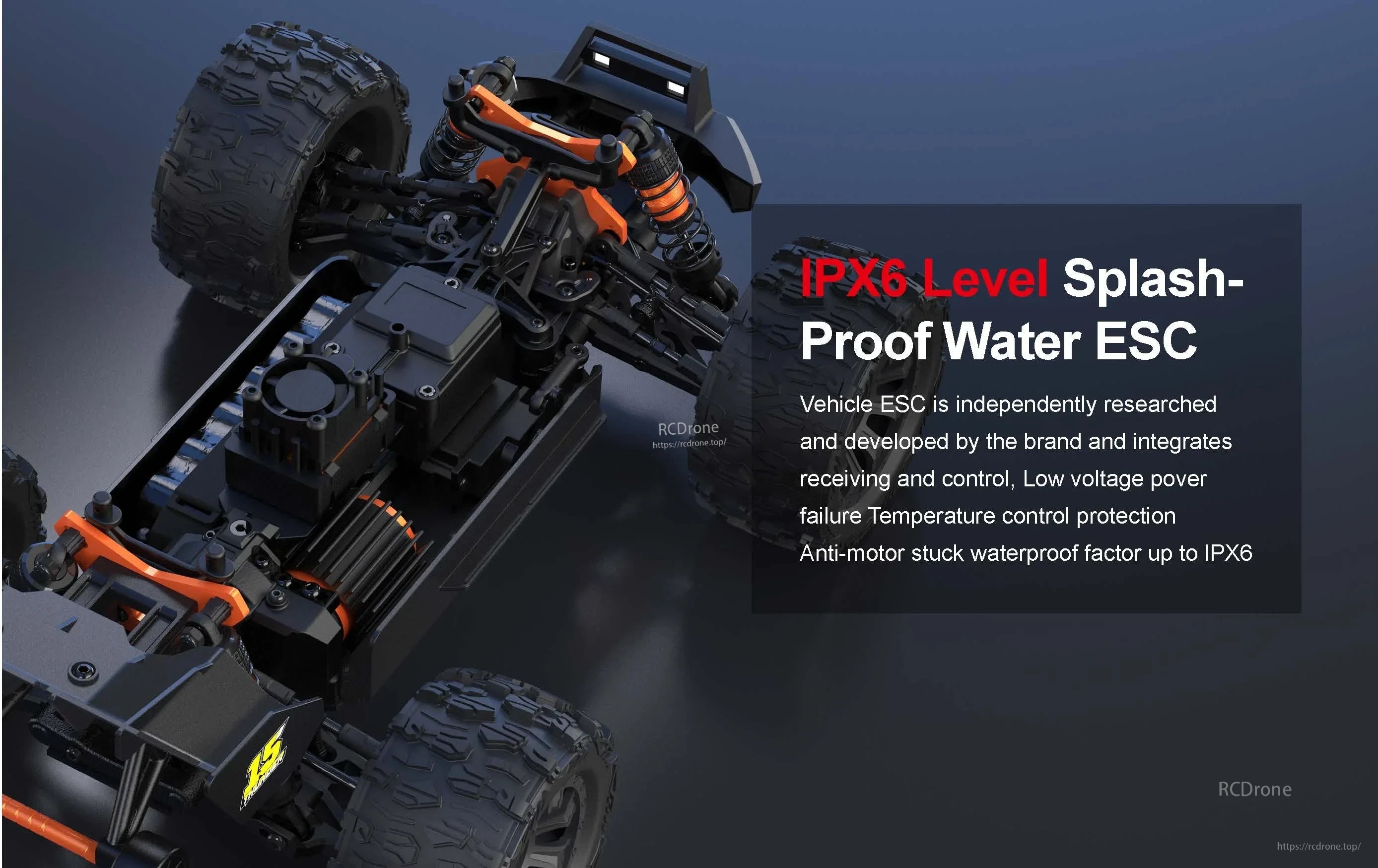 Teeggi PT14R/MT14R 1/14 4WD Rc Car, IPX6 splash-proof water ESC features integrated control, low-voltage and temperature protection, and anti-stall technology for reliable drone performance.