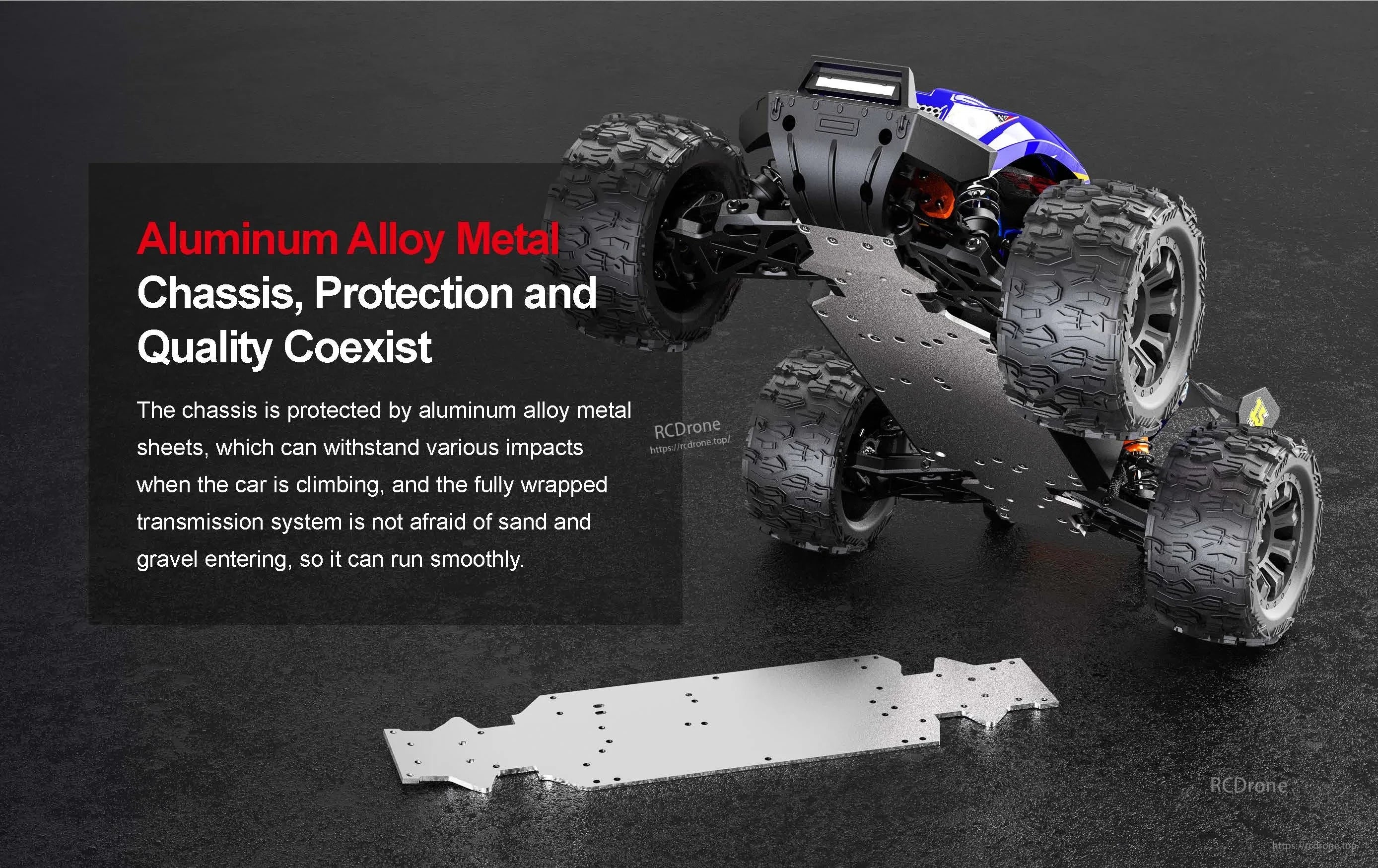 Teeggi PT14R/MT14R 1/14 4WD Rc Car, The aluminum alloy chassis provides durability, protection, and smooth off-road performance with sealed transmission and strong metal construction.
