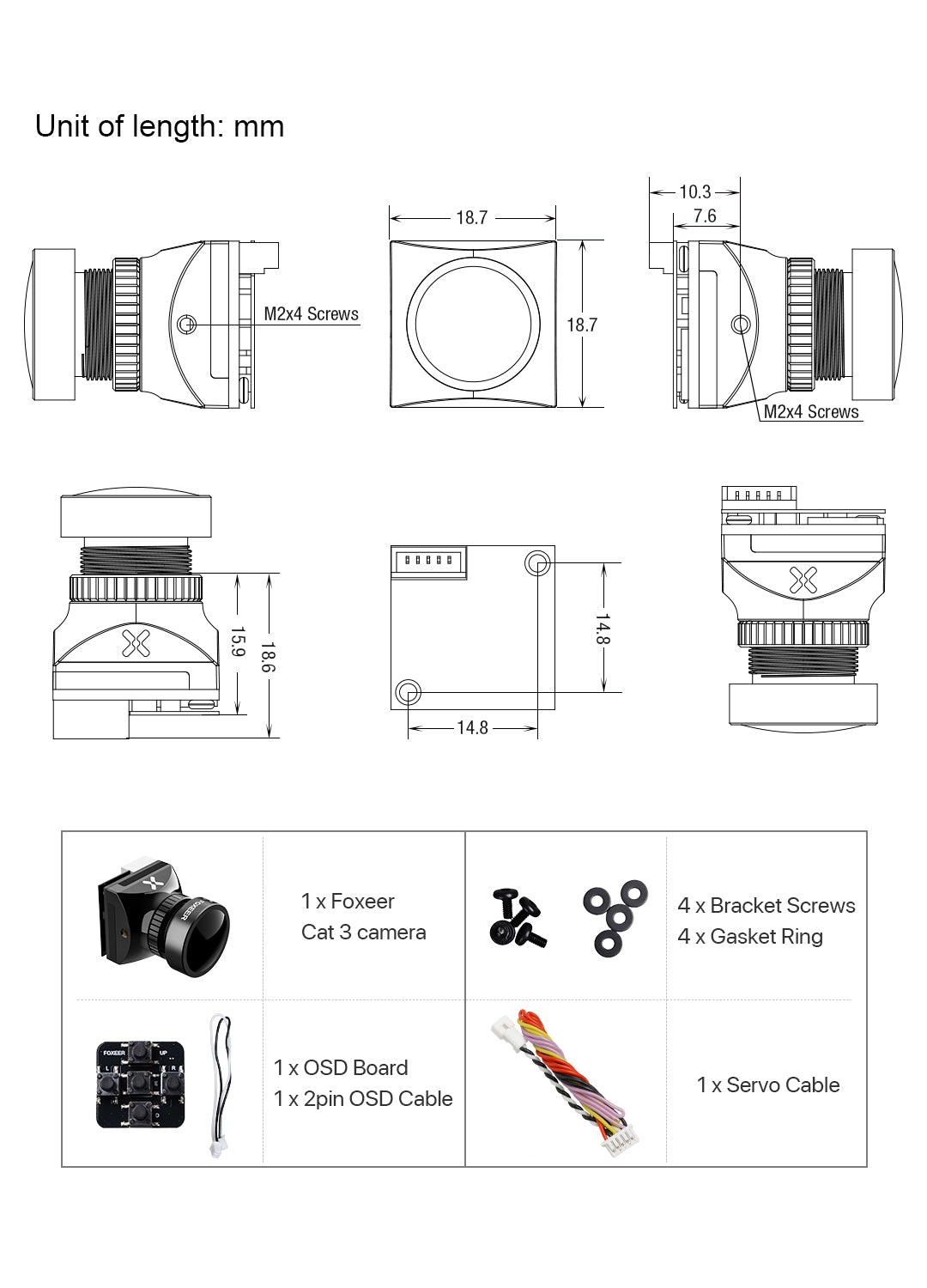 The Foxeer Micro Night Cat 3 comes with a set of components including unit, screws, gasket ring, OSD board, and cables.