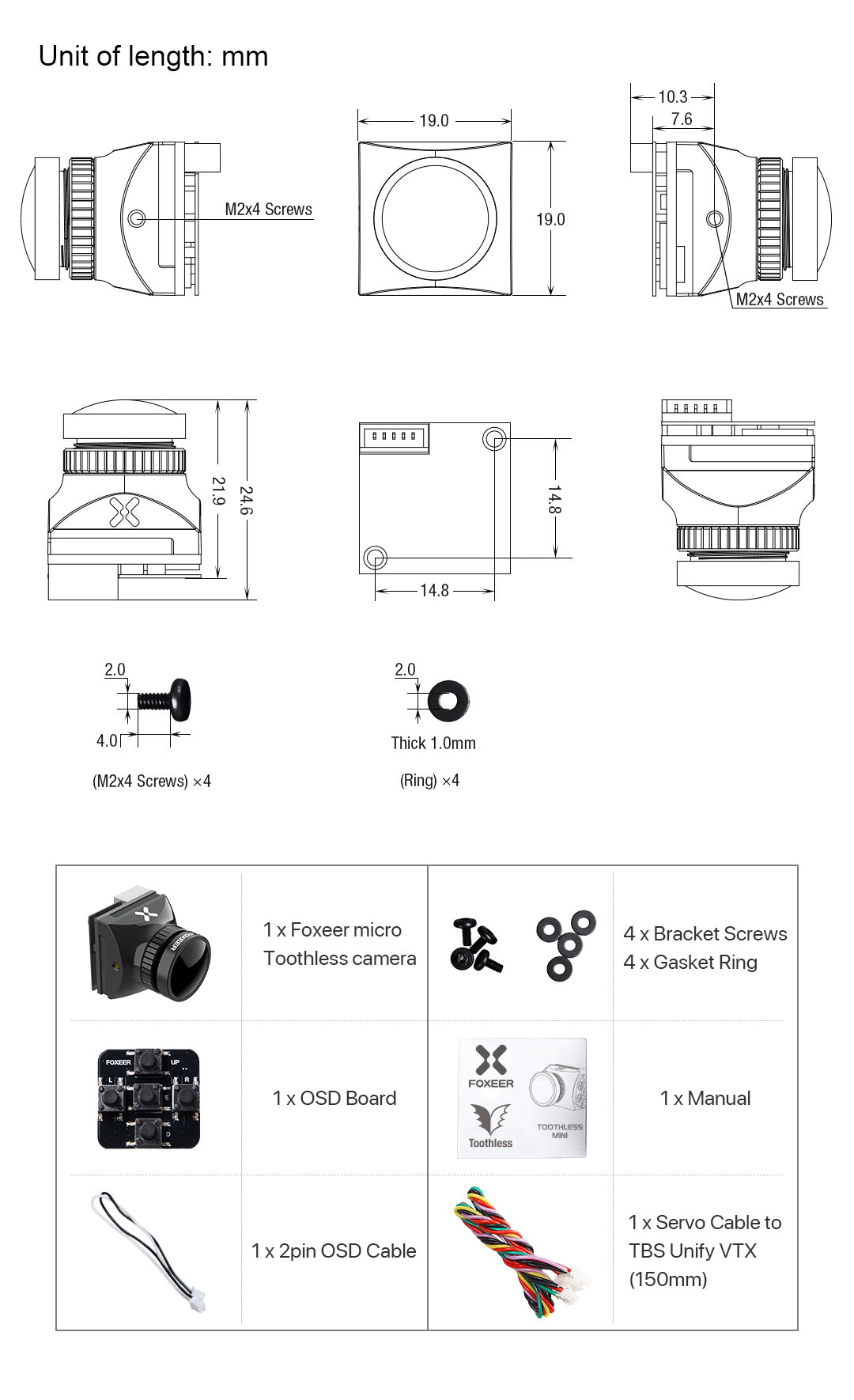 The Foxeer Micro Toothless 2 package includes various components, including camera modules, screws, gaskets, and cables.